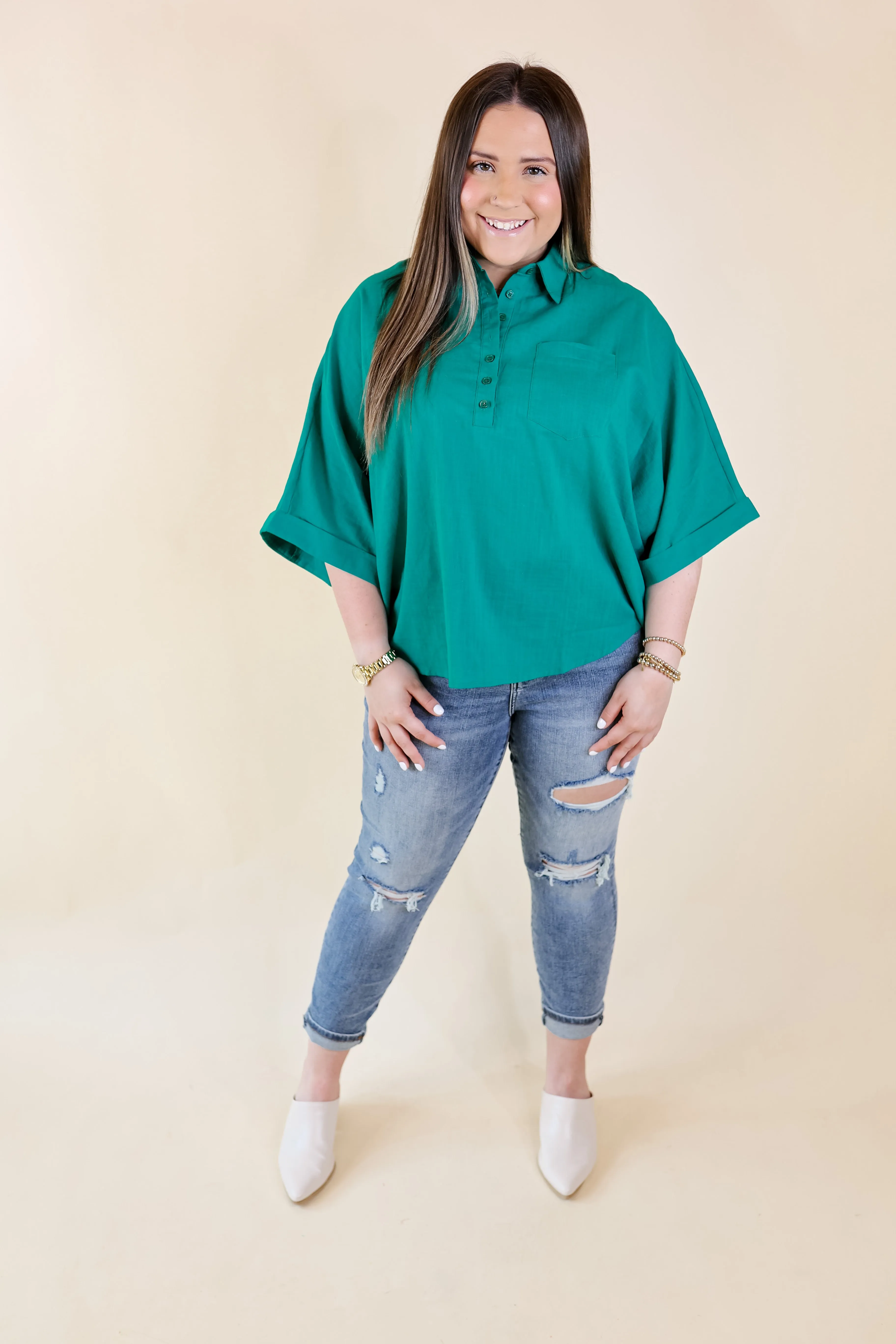 Sweet Surprise Half Button Up Poncho Top with Collared Neckline in Teal Green