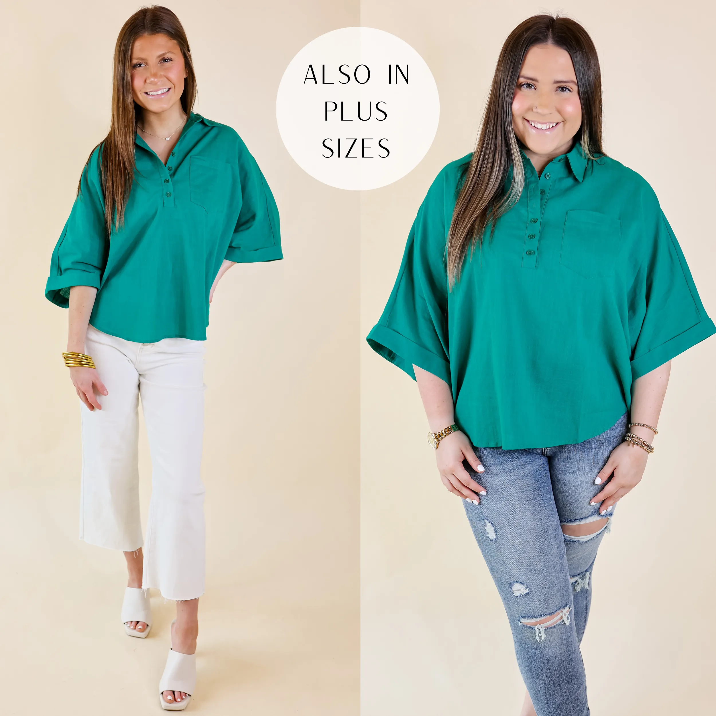 Sweet Surprise Half Button Up Poncho Top with Collared Neckline in Teal Green