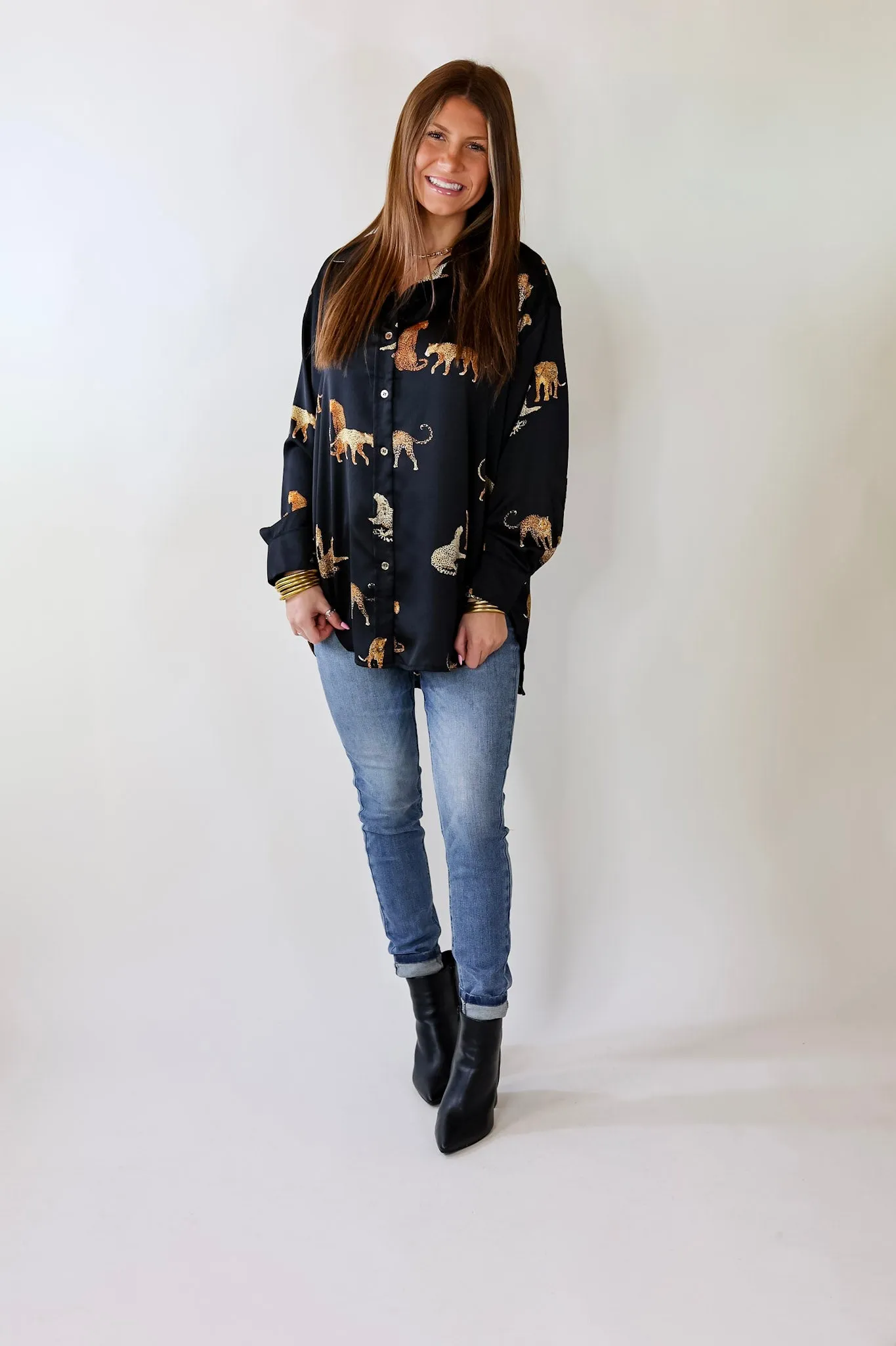 Tell Me Something Good Cheetah Print Long Sleeve Button Up Top in Black