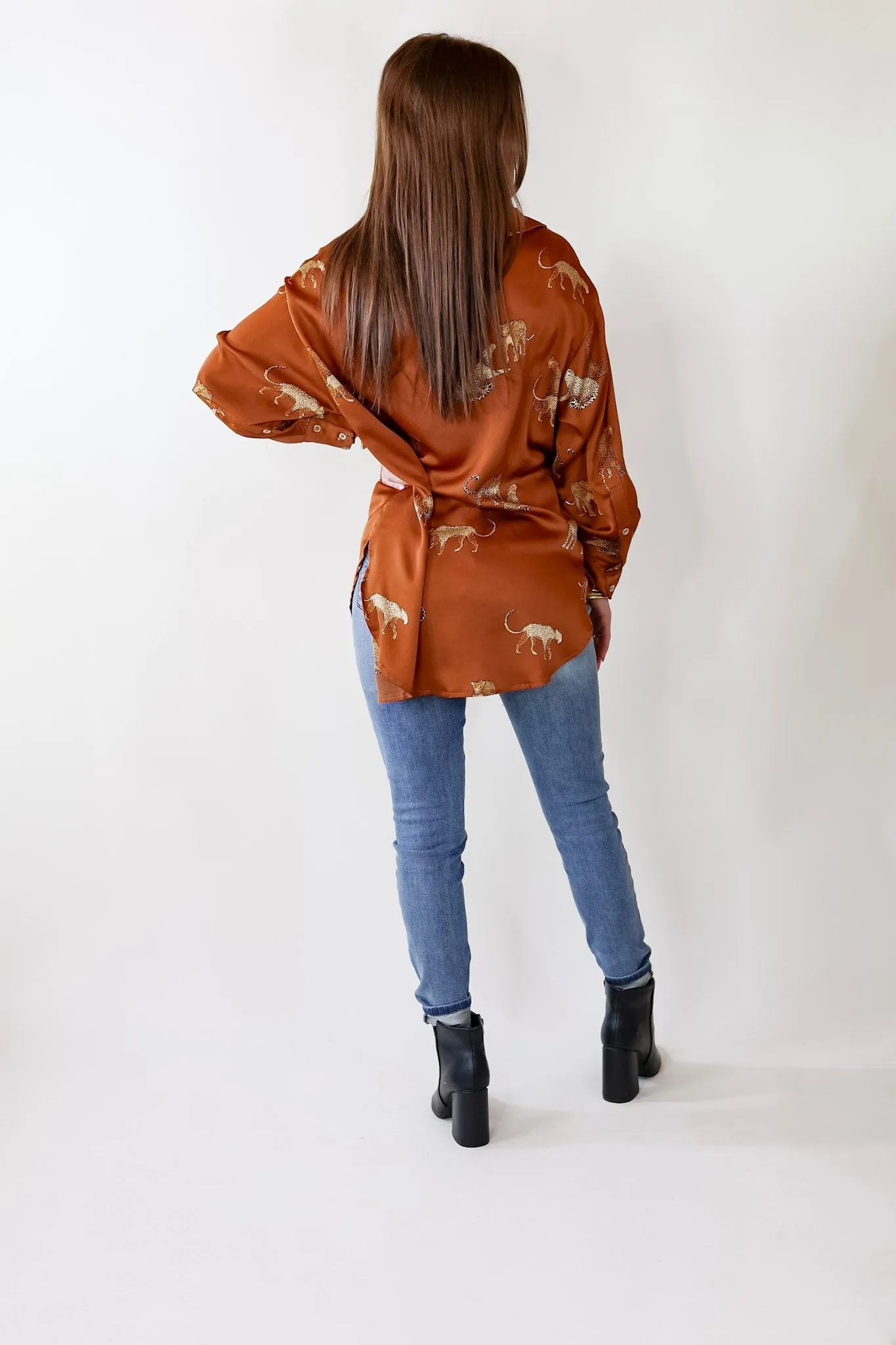 Tell Me Something Good Cheetah Print Long Sleeve Button Up Top in Camel Brown