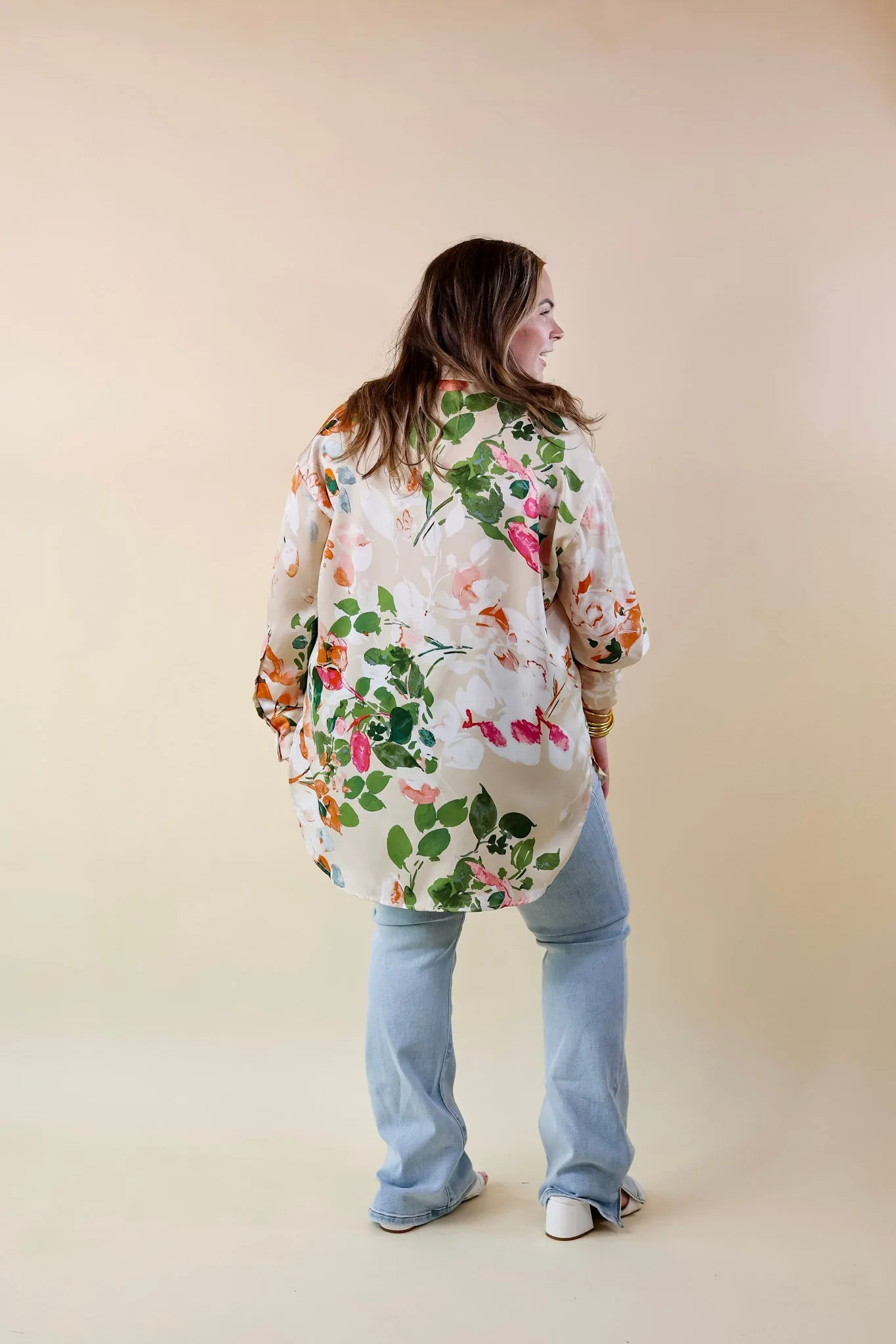 Tell Me Something Good Floral Long Sleeve Button Up Top in Beige