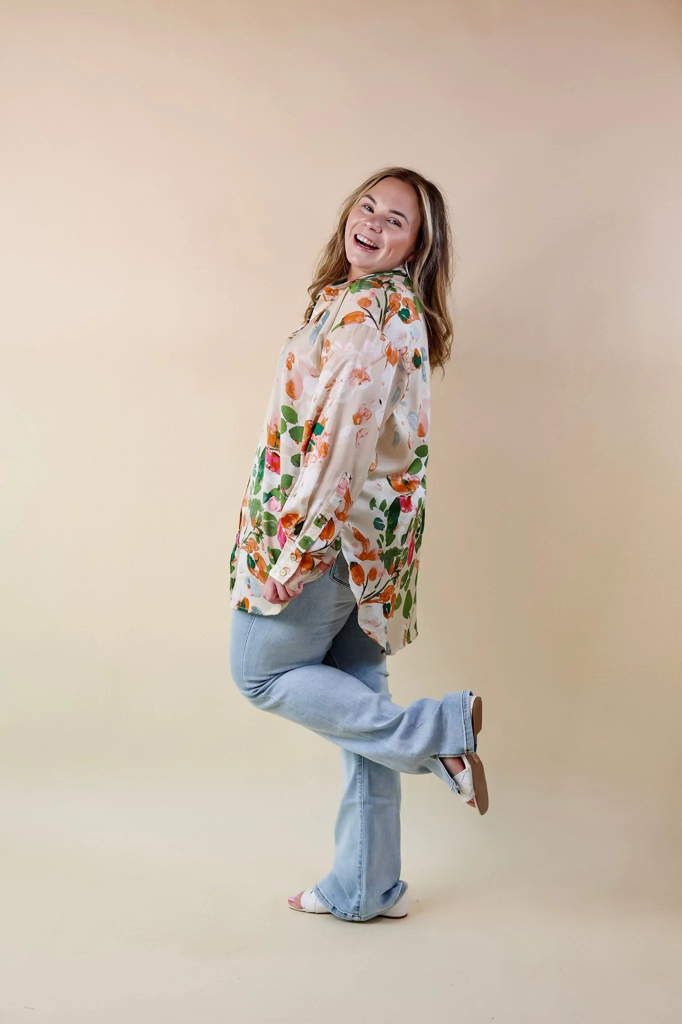 Tell Me Something Good Floral Long Sleeve Button Up Top in Beige