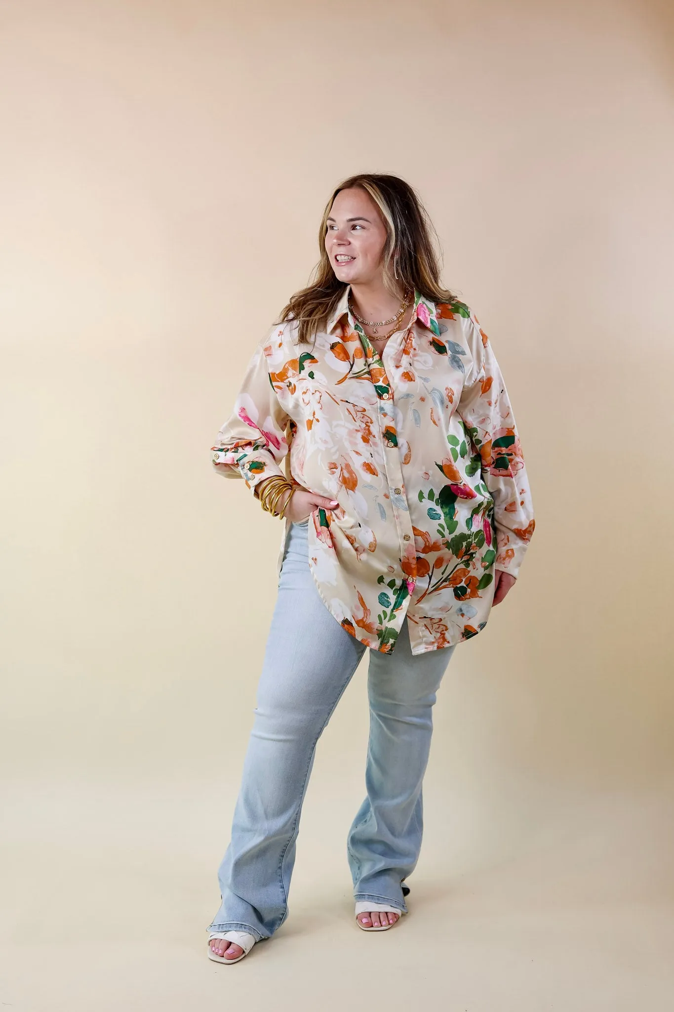 Tell Me Something Good Floral Long Sleeve Button Up Top in Beige