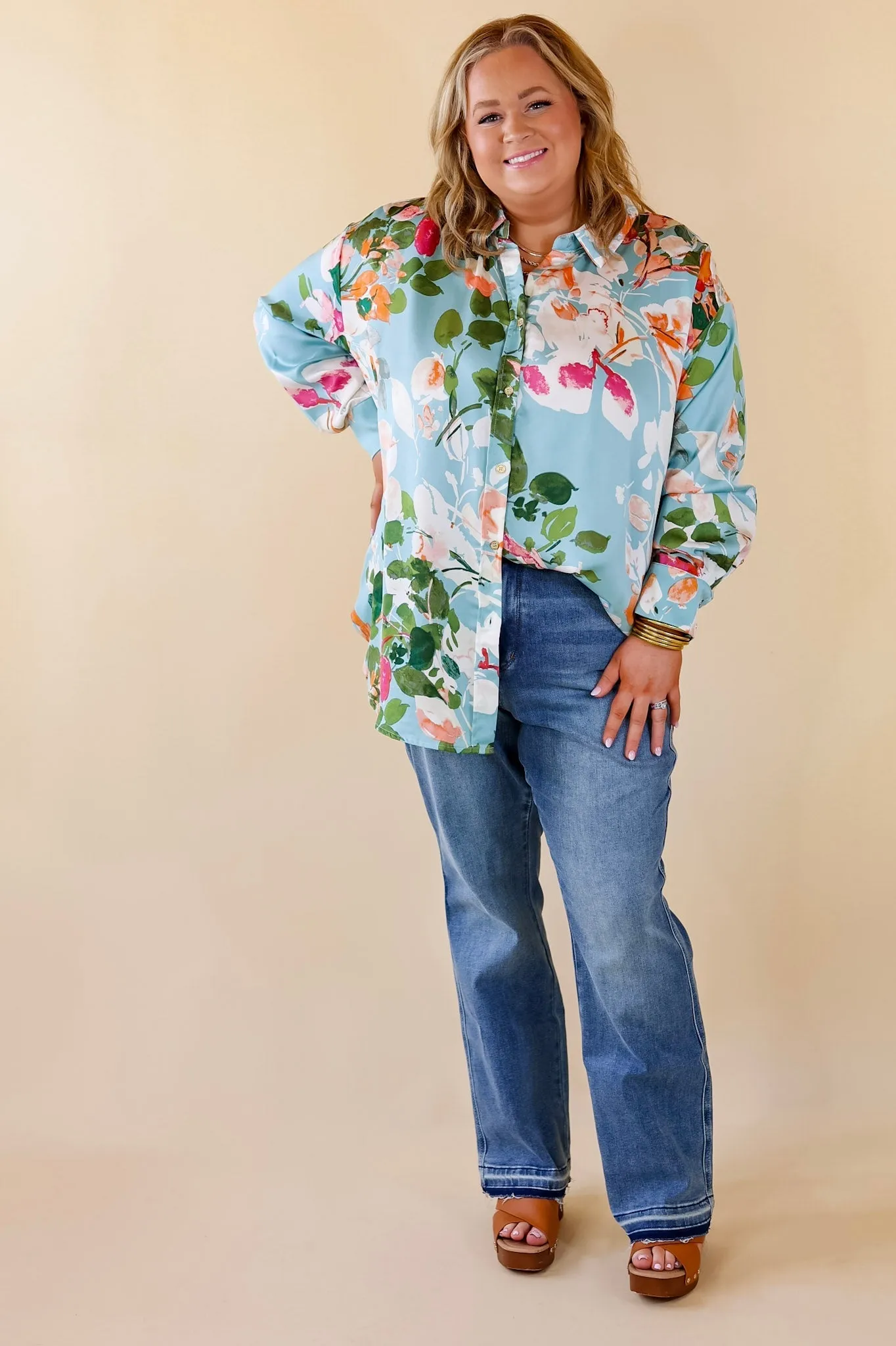 Tell Me Something Good Floral Long Sleeve Button Up Top in Light Blue