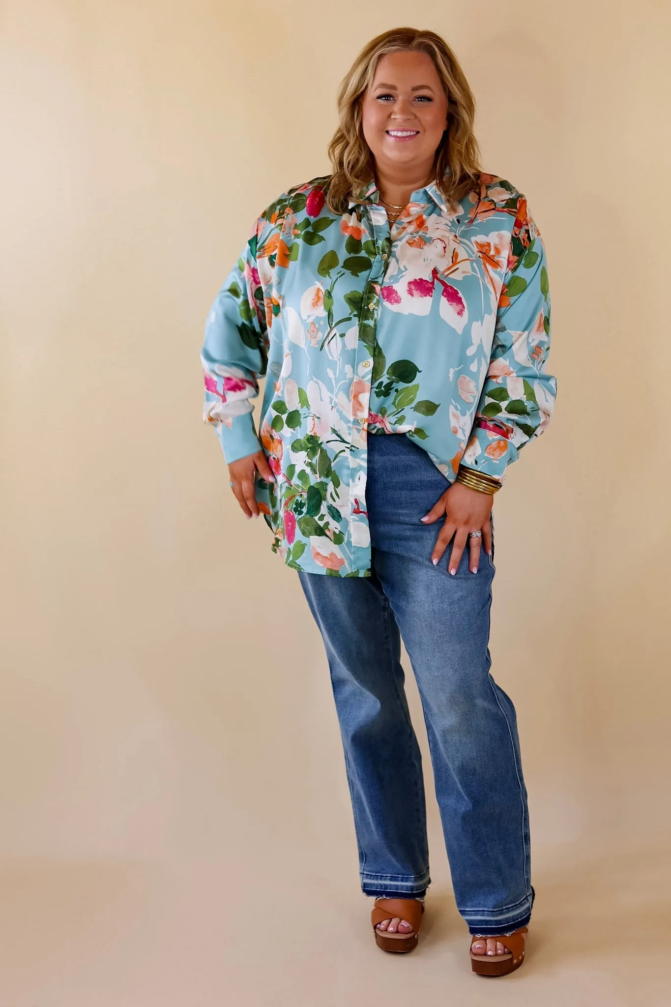 Tell Me Something Good Floral Long Sleeve Button Up Top in Light Blue