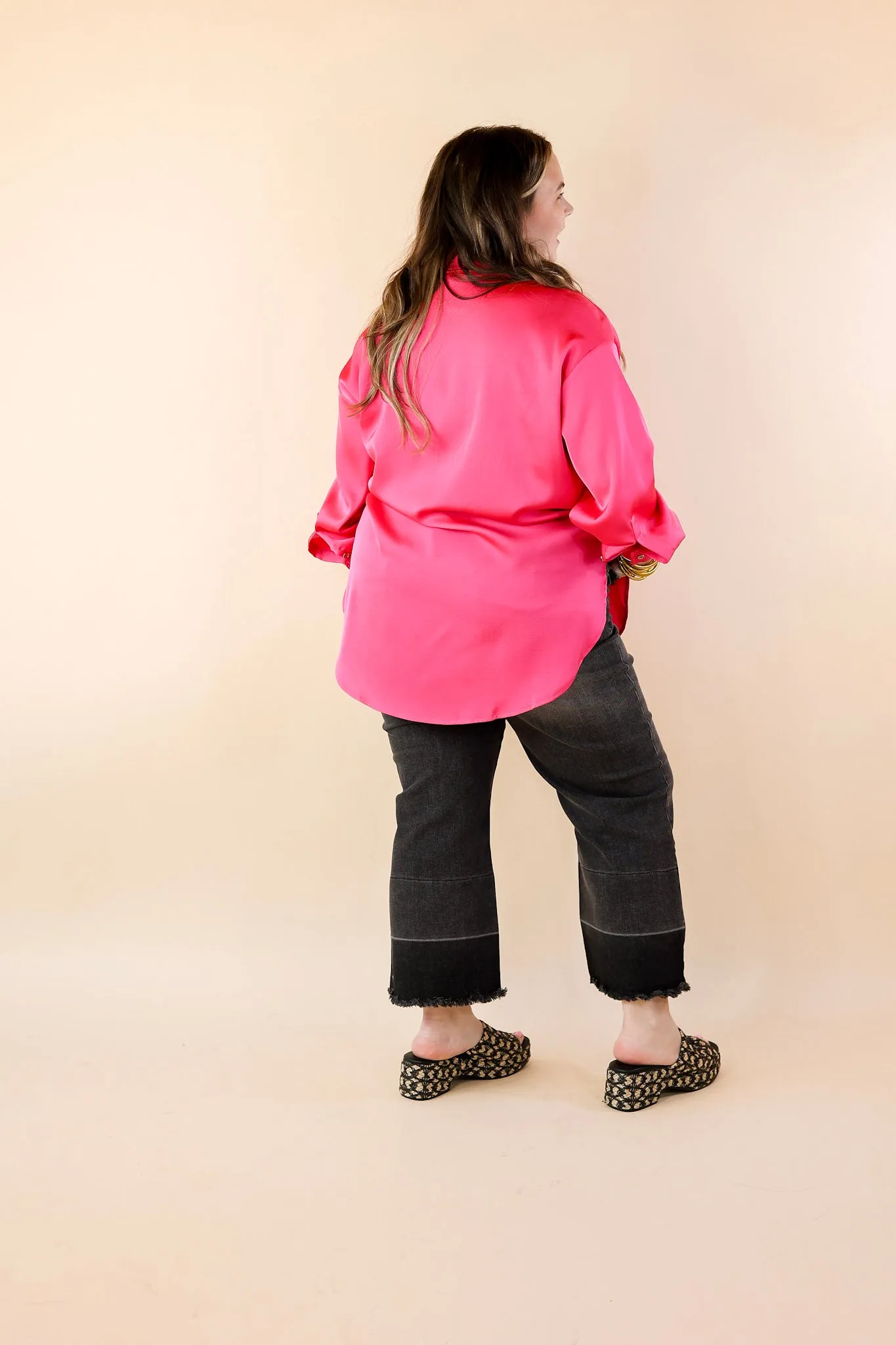 Tell Me Something Good Long Sleeve Button Up Top in Hot Pink