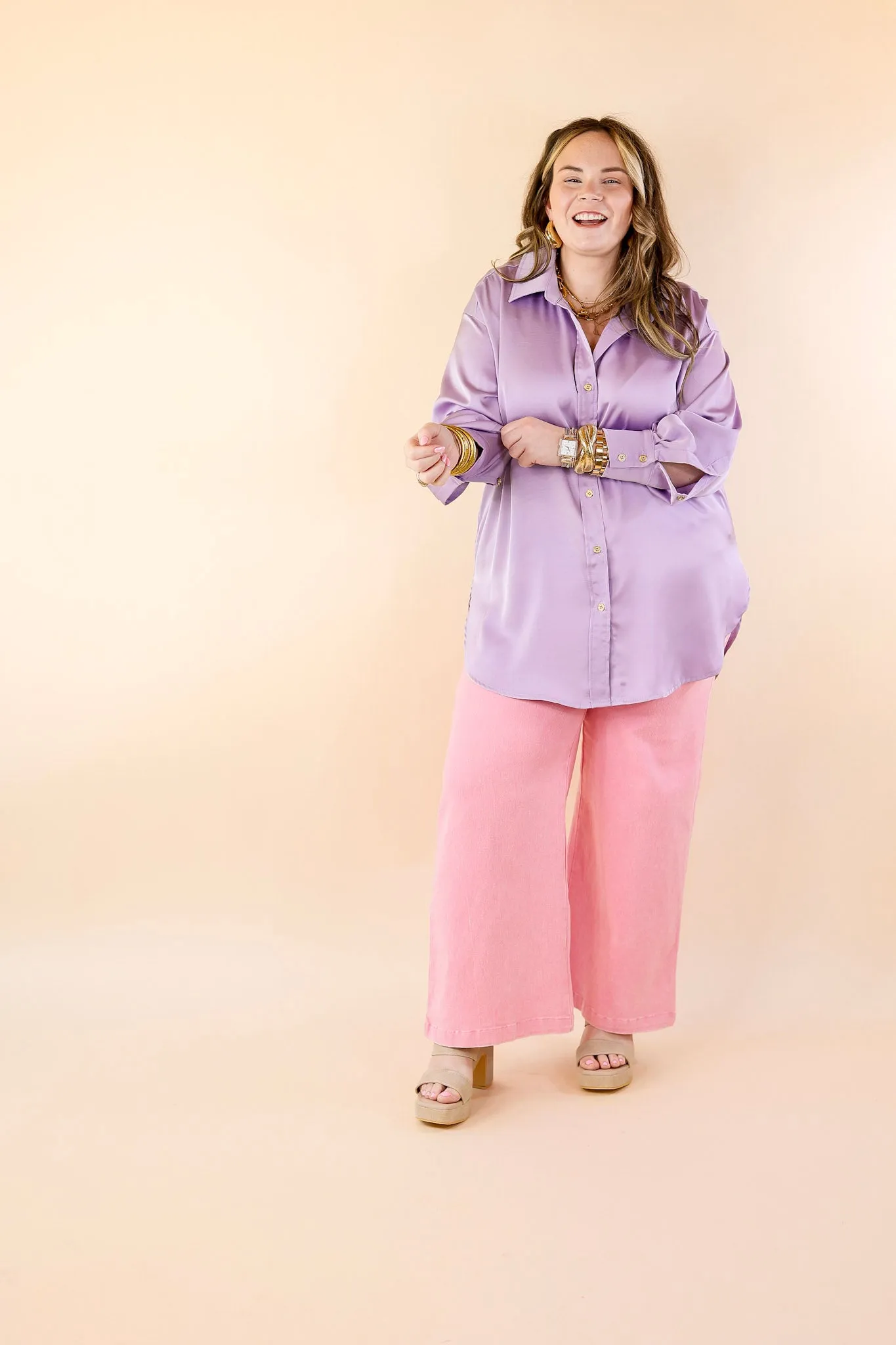 Tell Me Something Good Long Sleeve Button Up Top in Lavender Purple