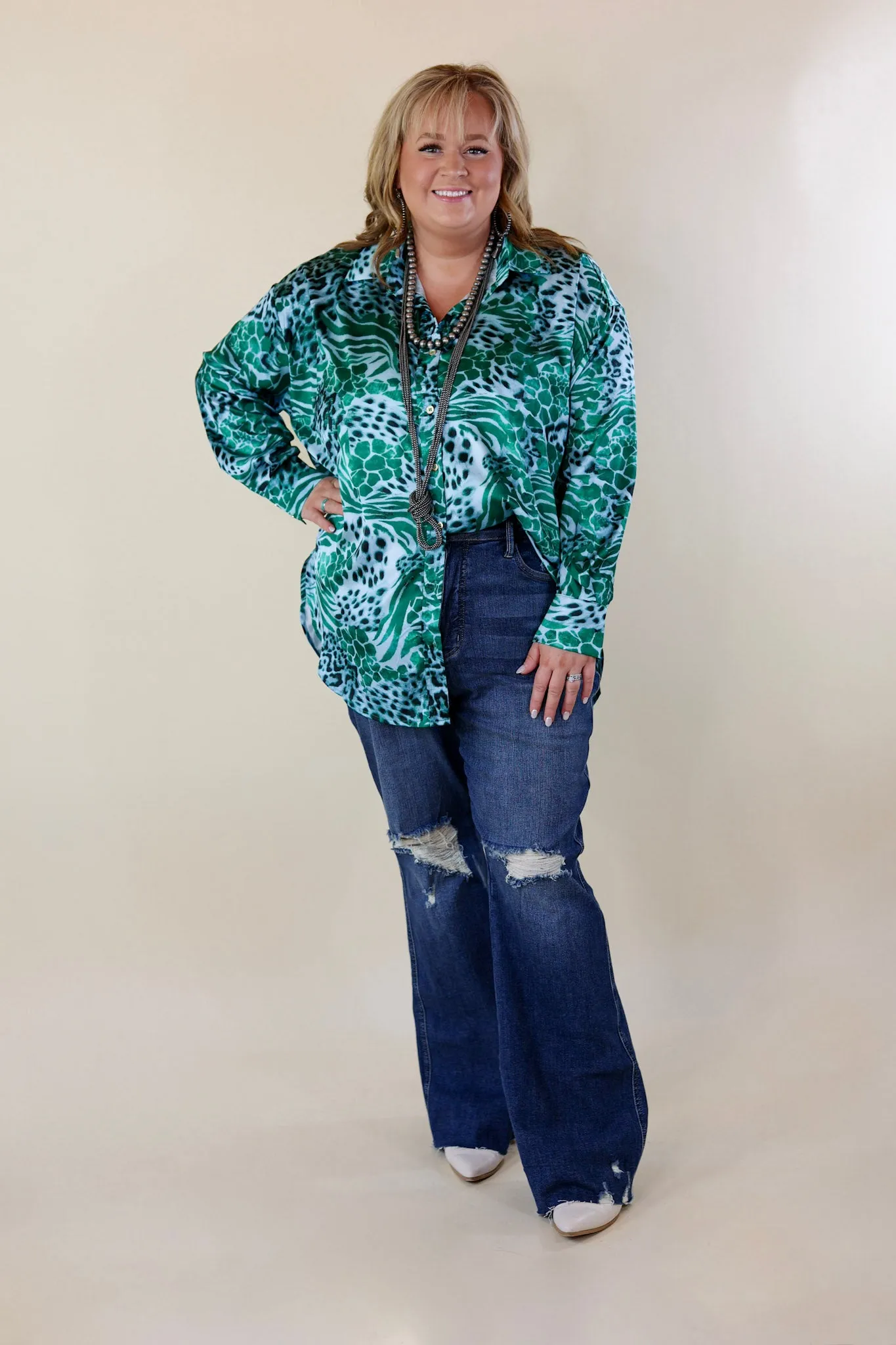 Tell Me Something Good Mixed Animal Print Long Sleeve Button Up Top in Green