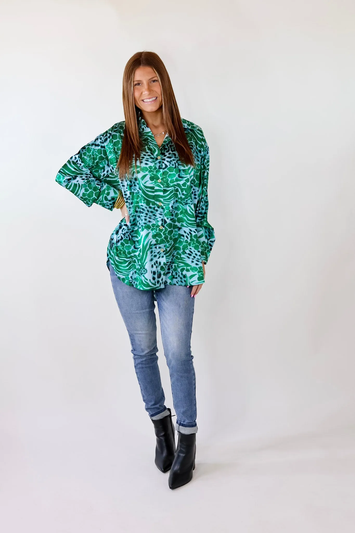 Tell Me Something Good Mixed Animal Print Long Sleeve Button Up Top in Green