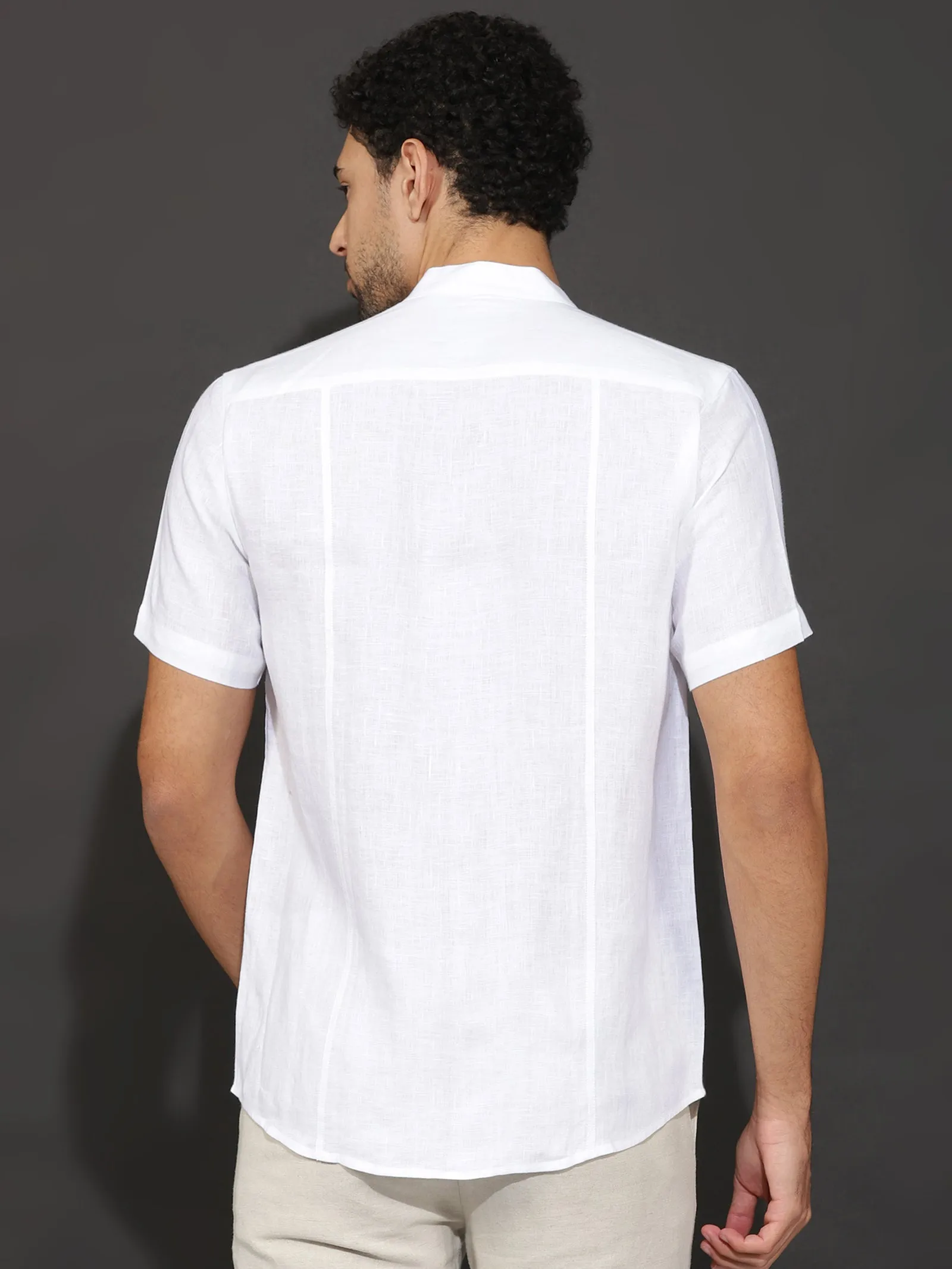 Trevor - Pure Linen Mandarin Collar Half Sleeve Shirt - White (Factory Outlet)