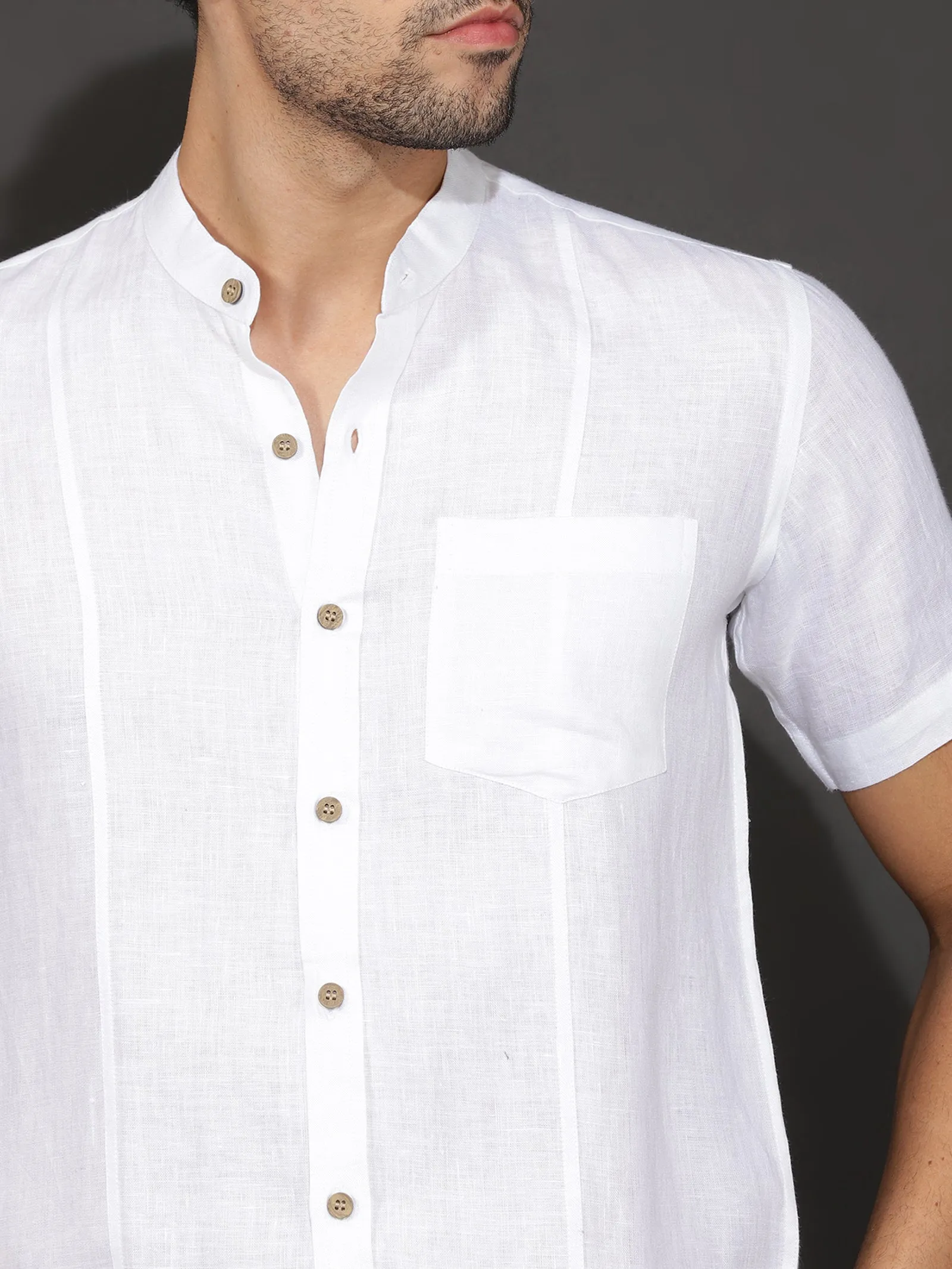 Trevor - Pure Linen Mandarin Collar Half Sleeve Shirt - White (Factory Outlet)