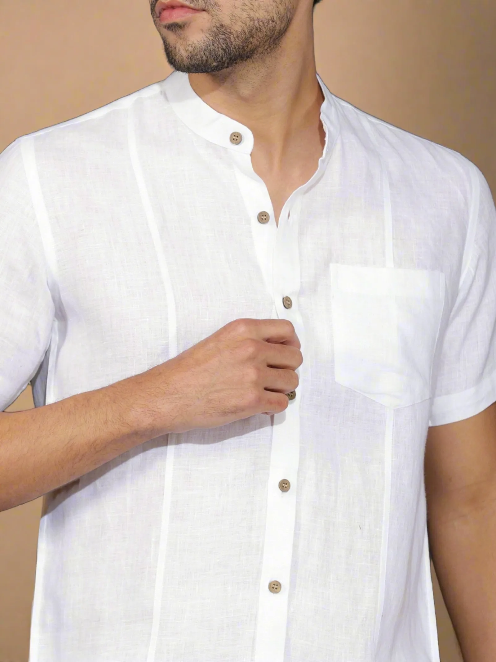 Trevor - Pure Linen Mandarin Collar Half Sleeve Shirt - White (Factory Outlet)