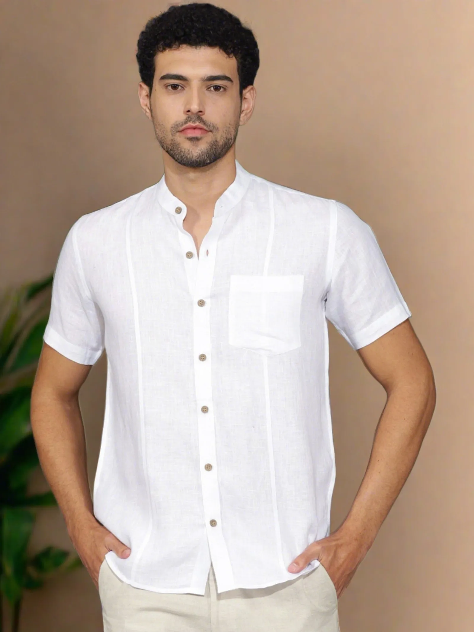 Trevor - Pure Linen Mandarin Collar Half Sleeve Shirt - White (Factory Outlet)