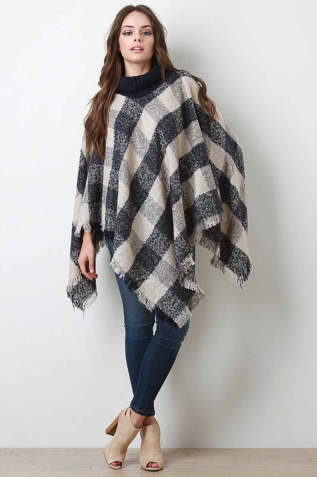 Turtleneck Plaid Poncho