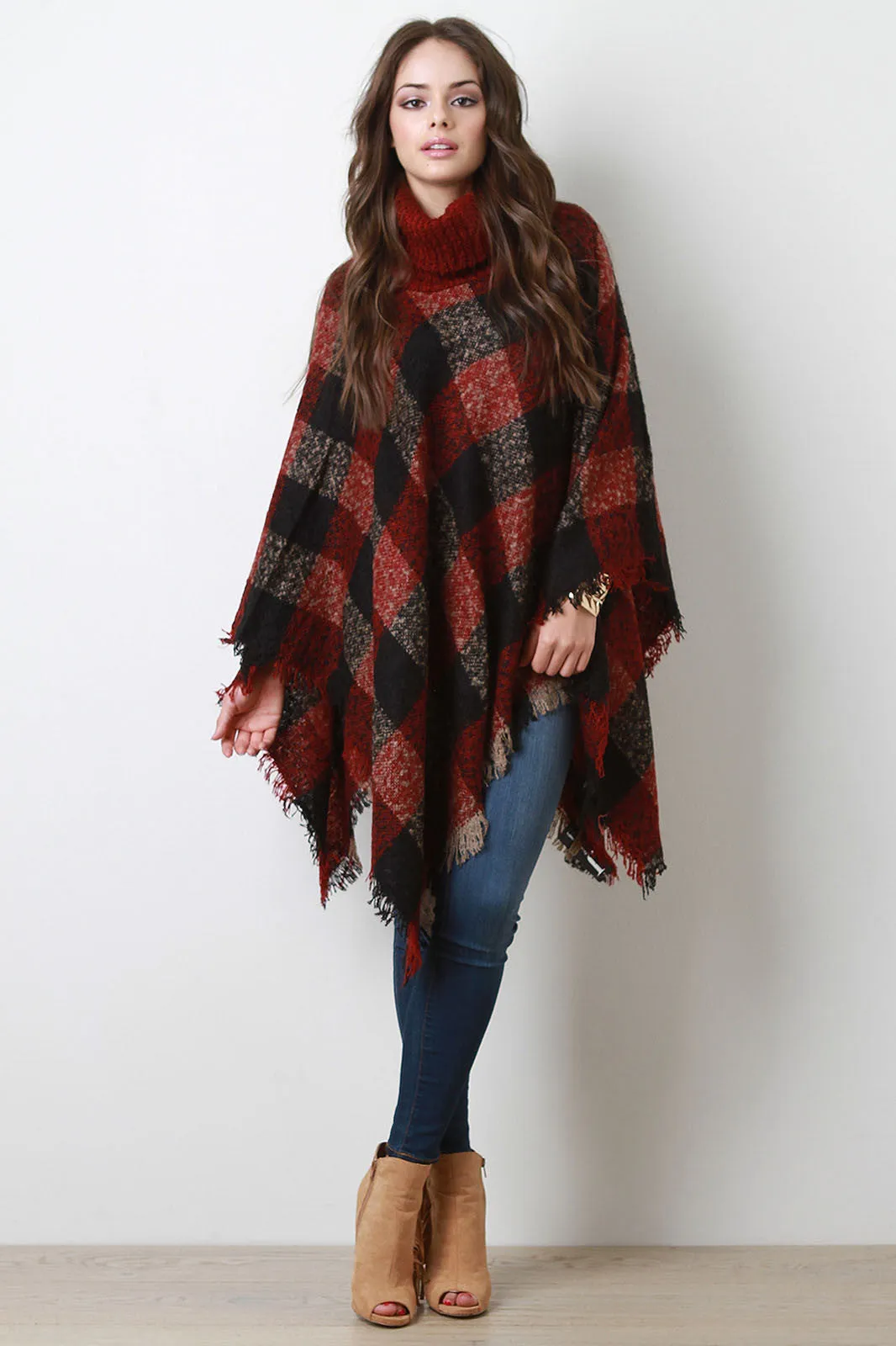 Turtleneck Plaid Poncho