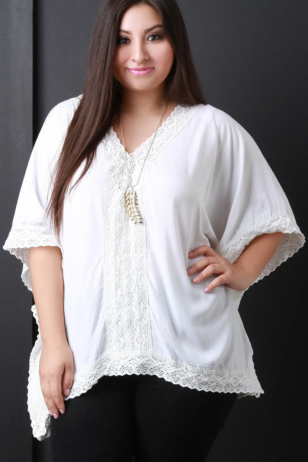 V-Neck Crochet Panel Poncho Top