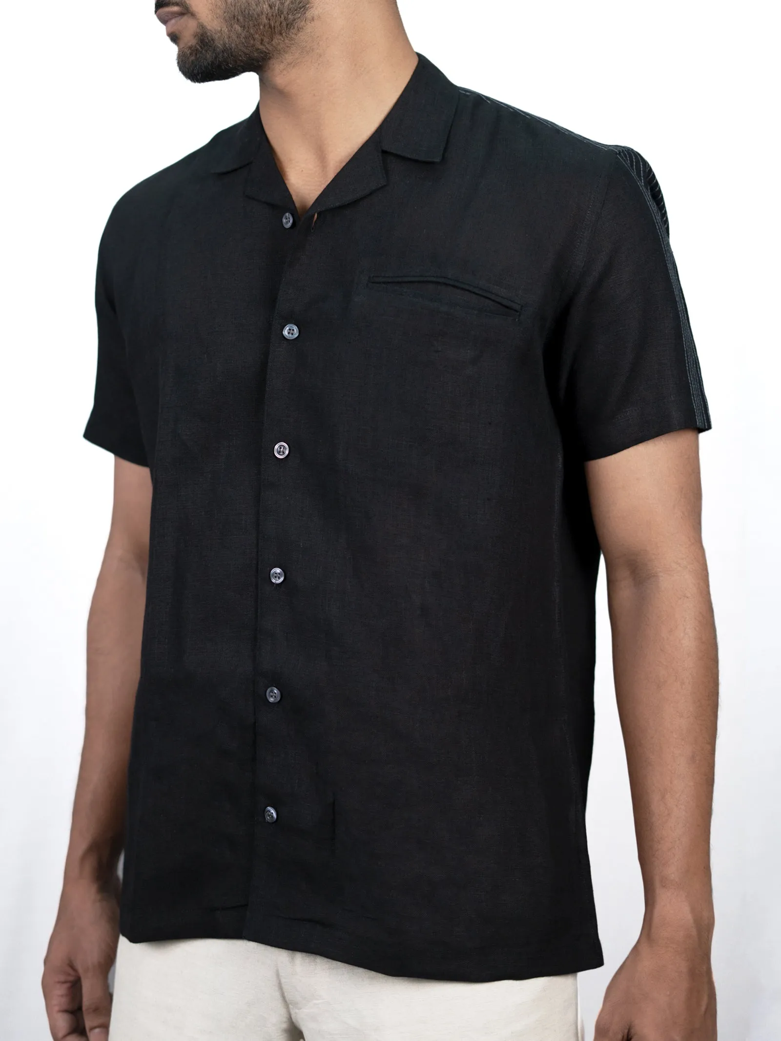 Vanta - Pure Linen Stitch Detailed Half Sleeve Shirt - Black