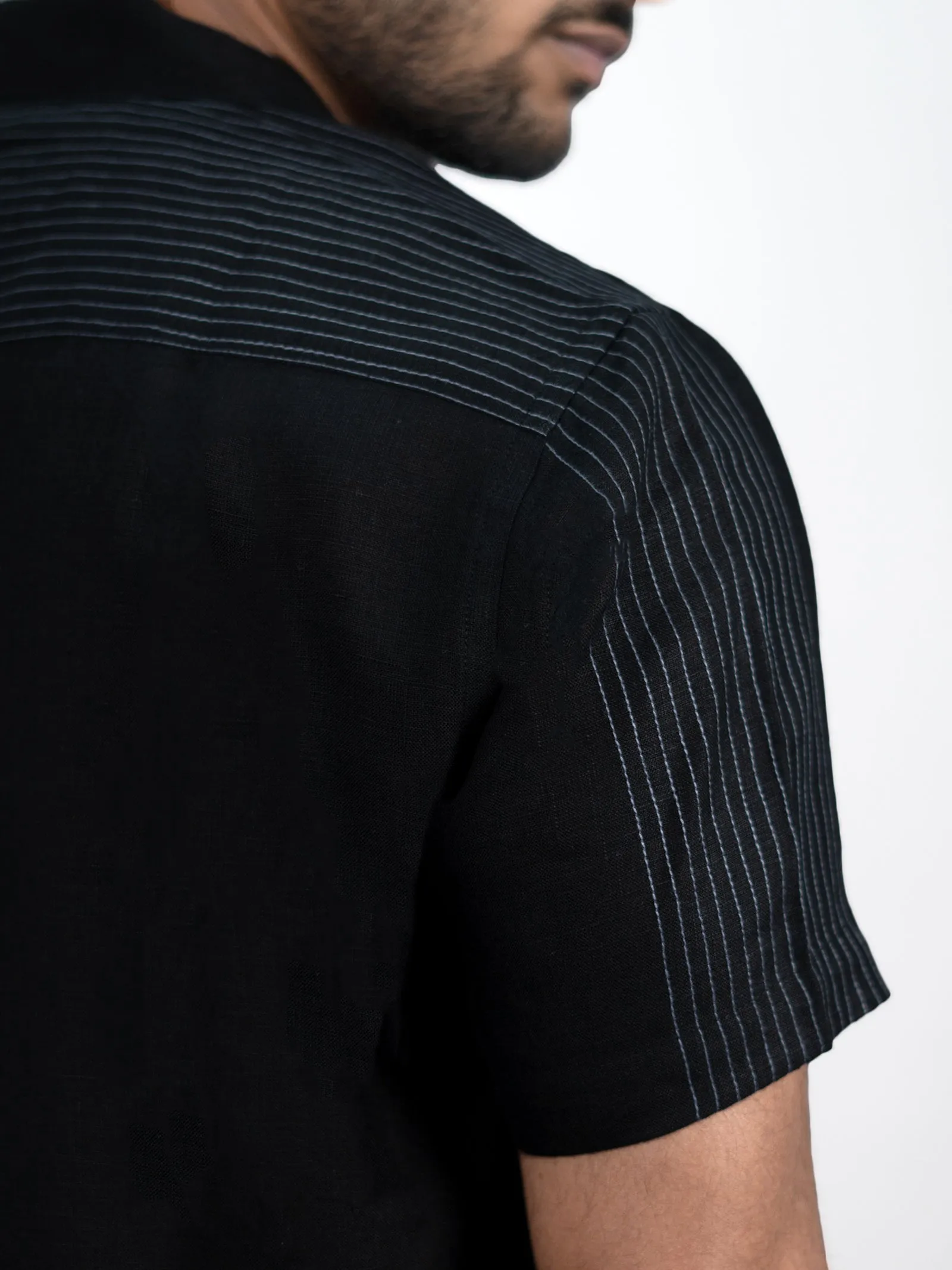 Vanta - Pure Linen Stitch Detailed Half Sleeve Shirt - Black