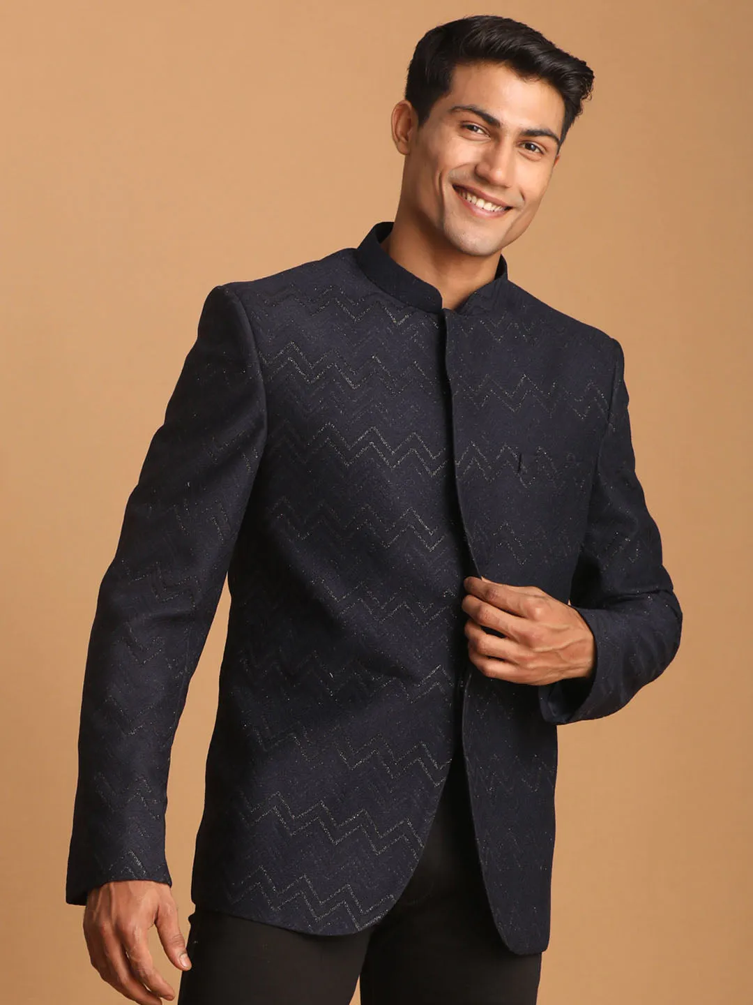 Vastramay Navy Blue Glitter Zig Zag Jodhpuri