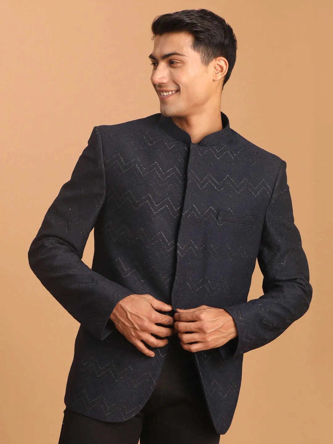 Vastramay Navy Blue Glitter Zig Zag Jodhpuri