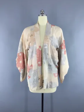 Vintage 1970s Silk Haori Kimono Cardigan / Ivory Terra Cotta Urushi