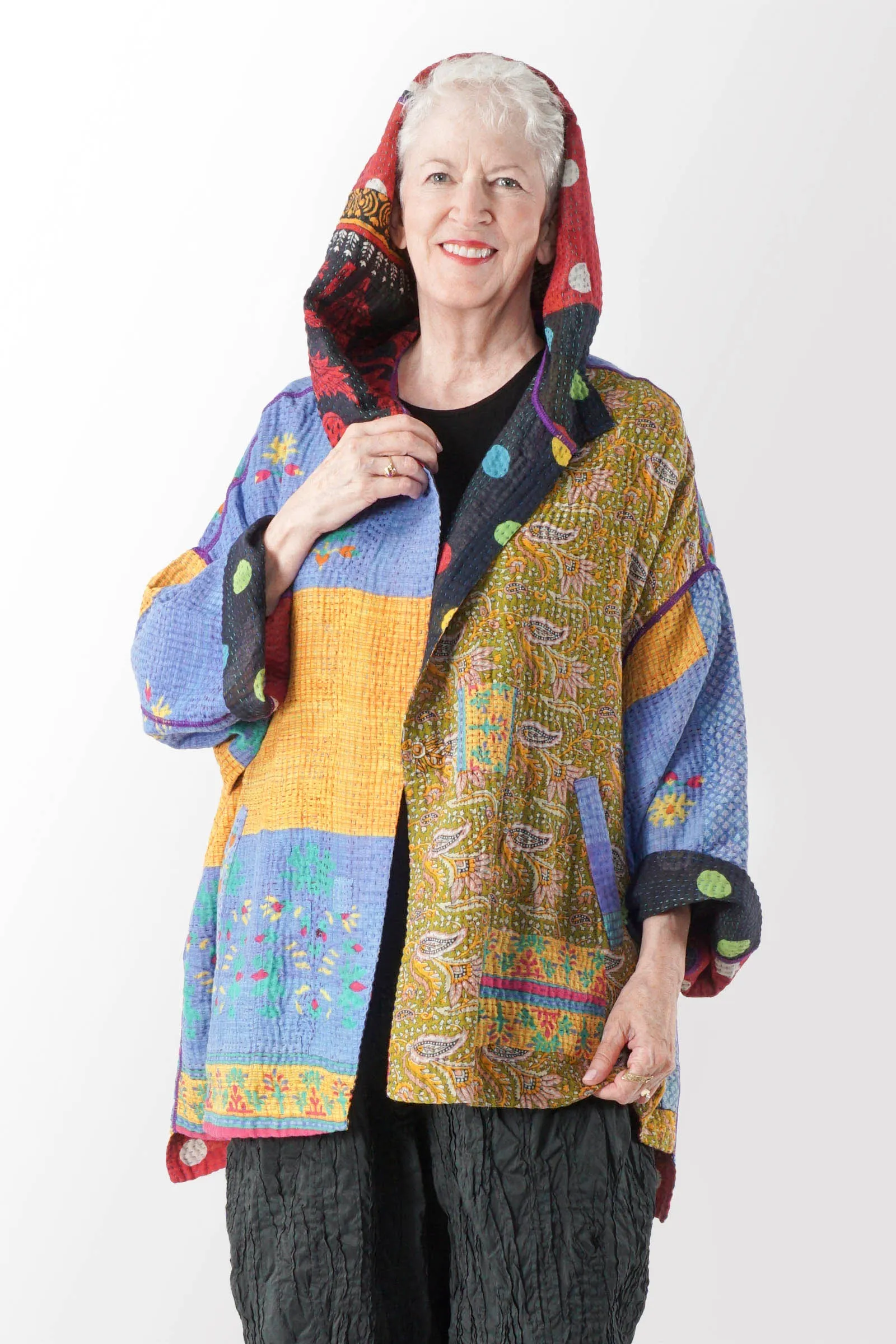 VINTAGE COTTON KANTHA HOODIE PONCHO - cv4064-0019a -