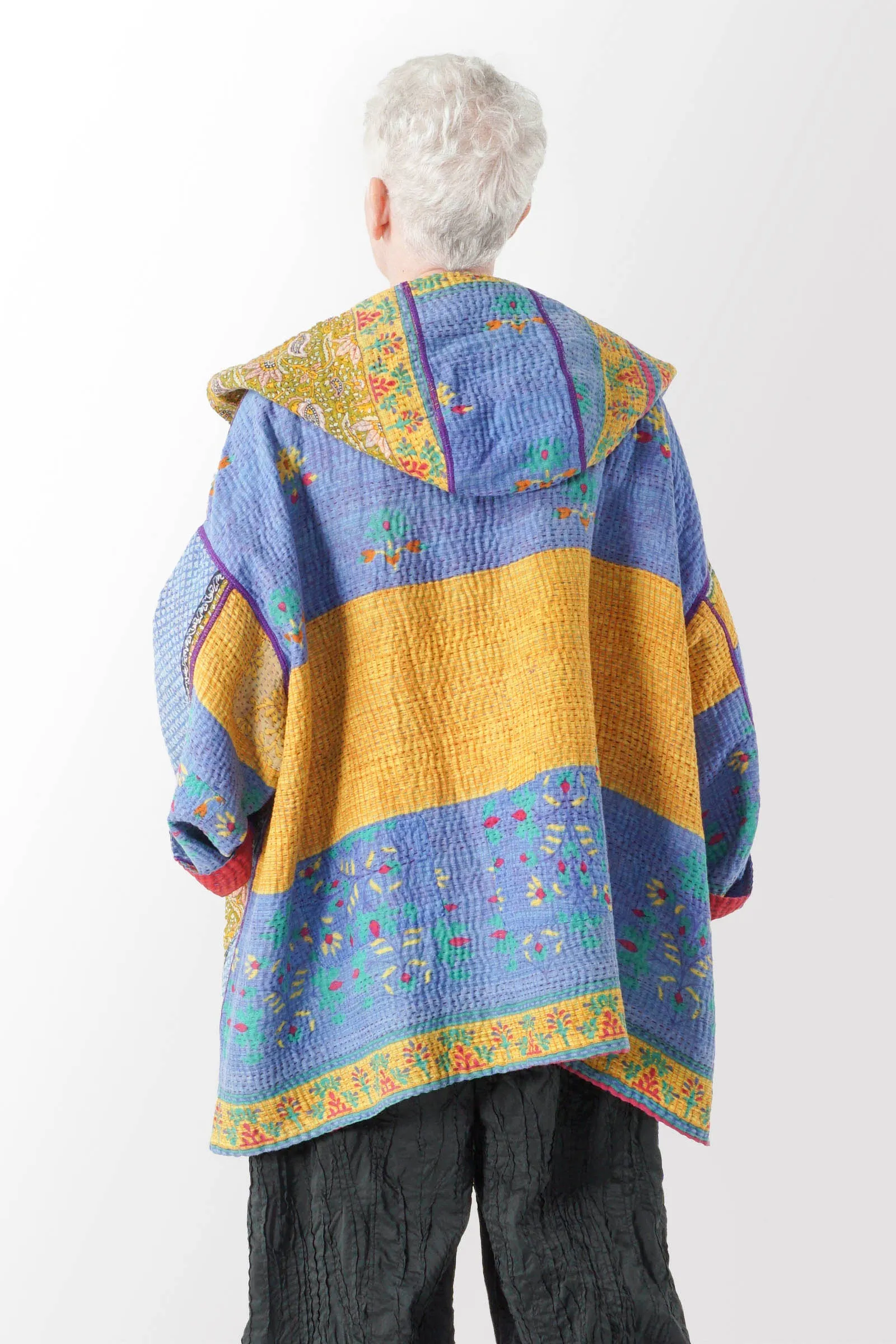 VINTAGE COTTON KANTHA HOODIE PONCHO - cv4064-0019a -