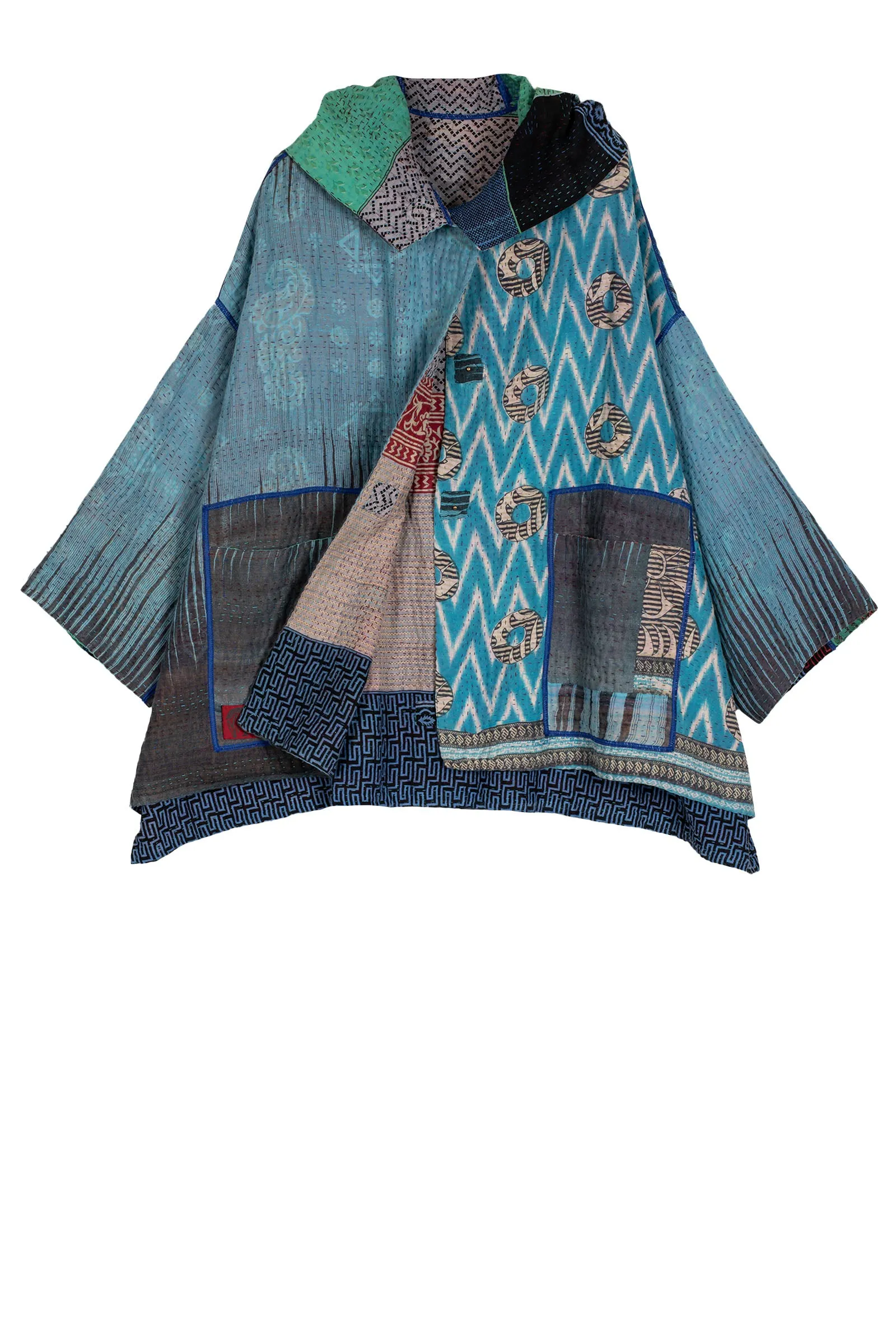 VINTAGE COTTON KANTHA HOODIE PONCHO - cv4064-0023a -