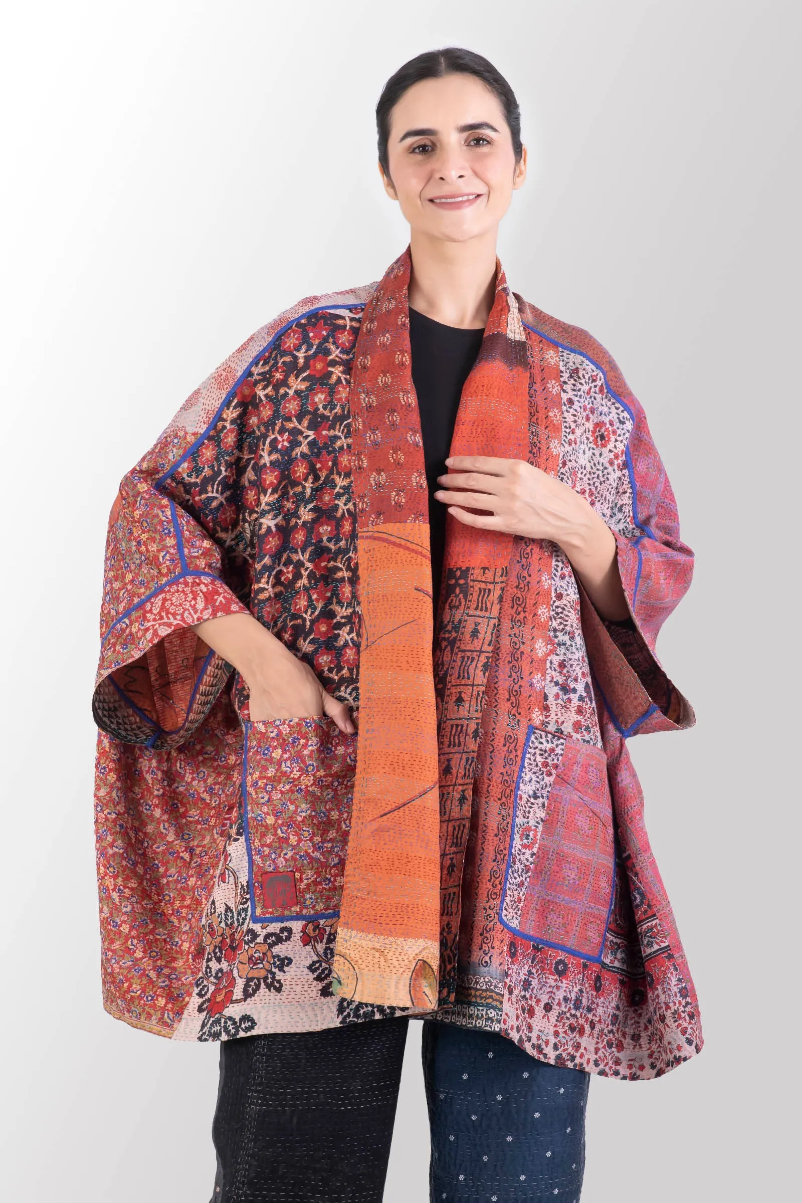 VINTAGE SILK KANTHA DOUBLE COLLAR PONCHO - sv2323-0006a -