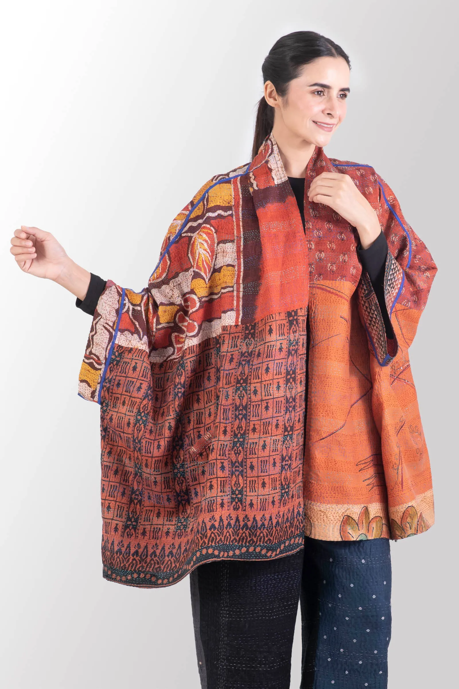 VINTAGE SILK KANTHA DOUBLE COLLAR PONCHO - sv2323-0006a -