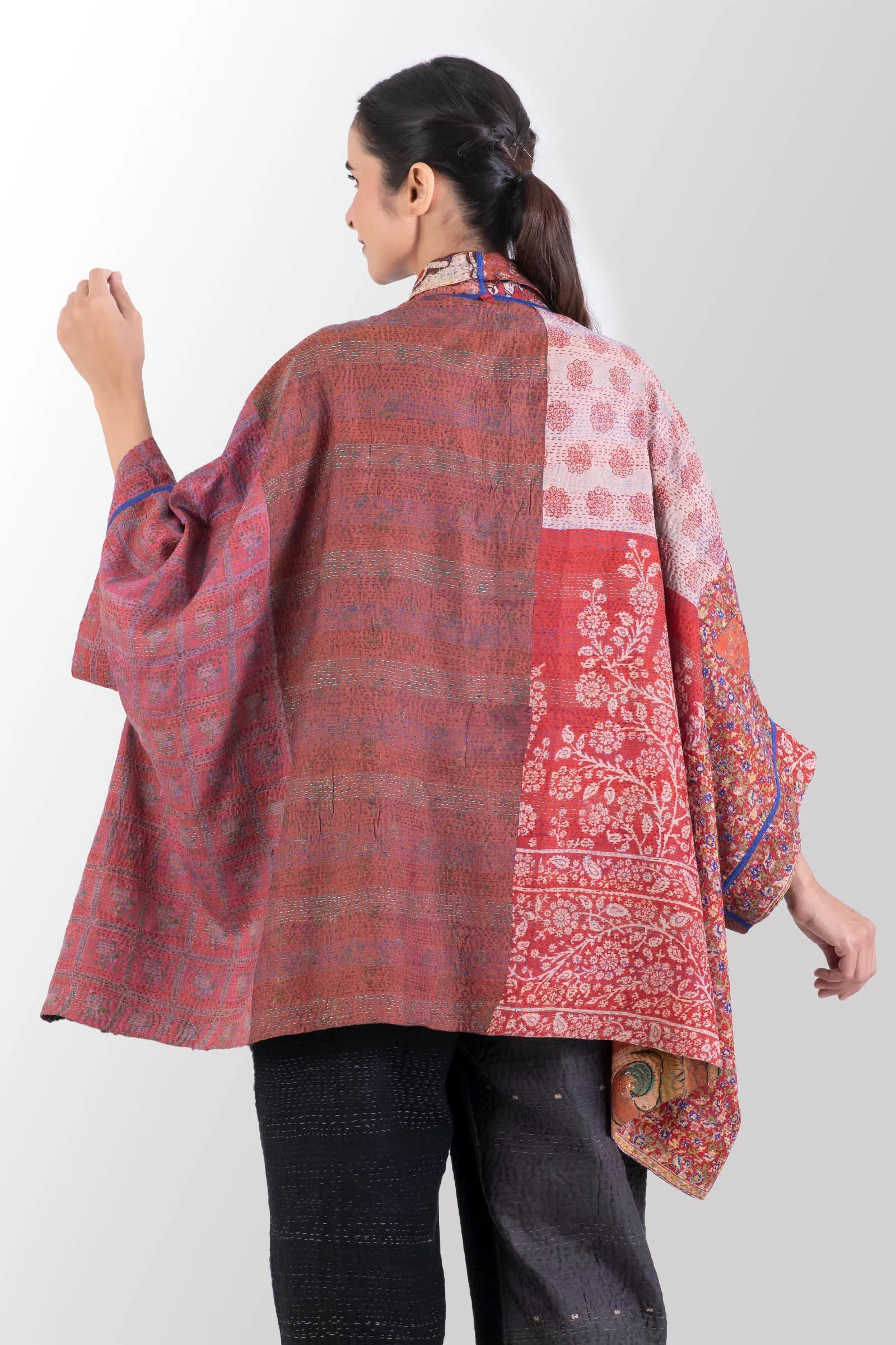 VINTAGE SILK KANTHA DOUBLE COLLAR PONCHO - sv2323-0006a -