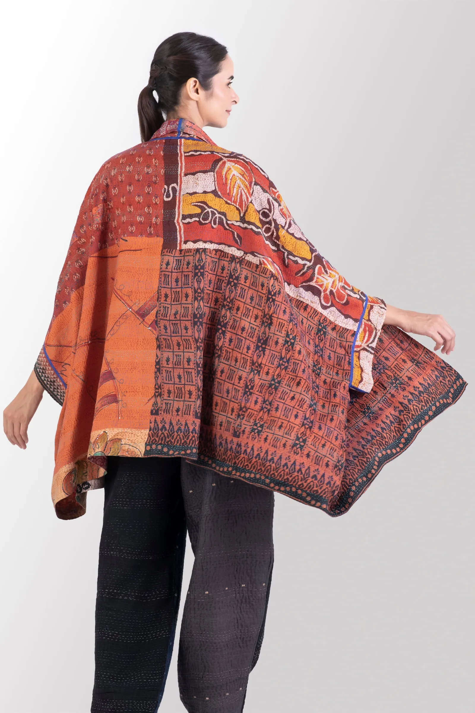 VINTAGE SILK KANTHA DOUBLE COLLAR PONCHO - sv2323-0006a -