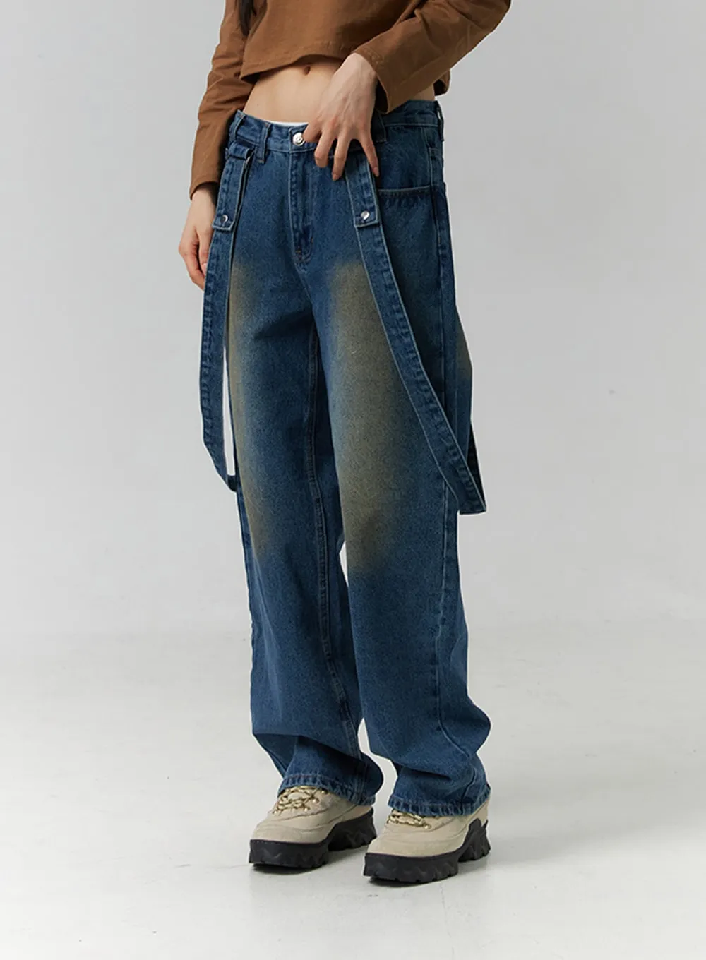 Washed Wide Leg Strap Jeans ID306