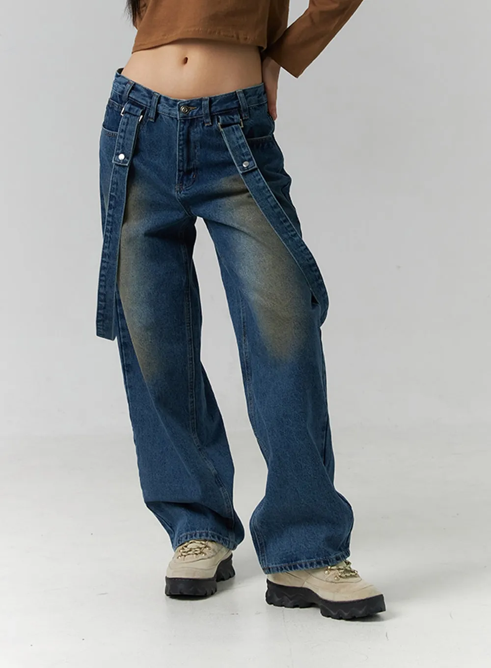 Washed Wide Leg Strap Jeans ID306