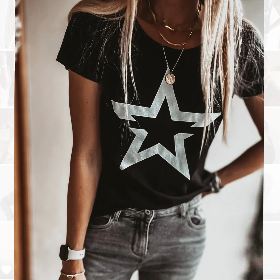 White striking star black tee *fitted style*