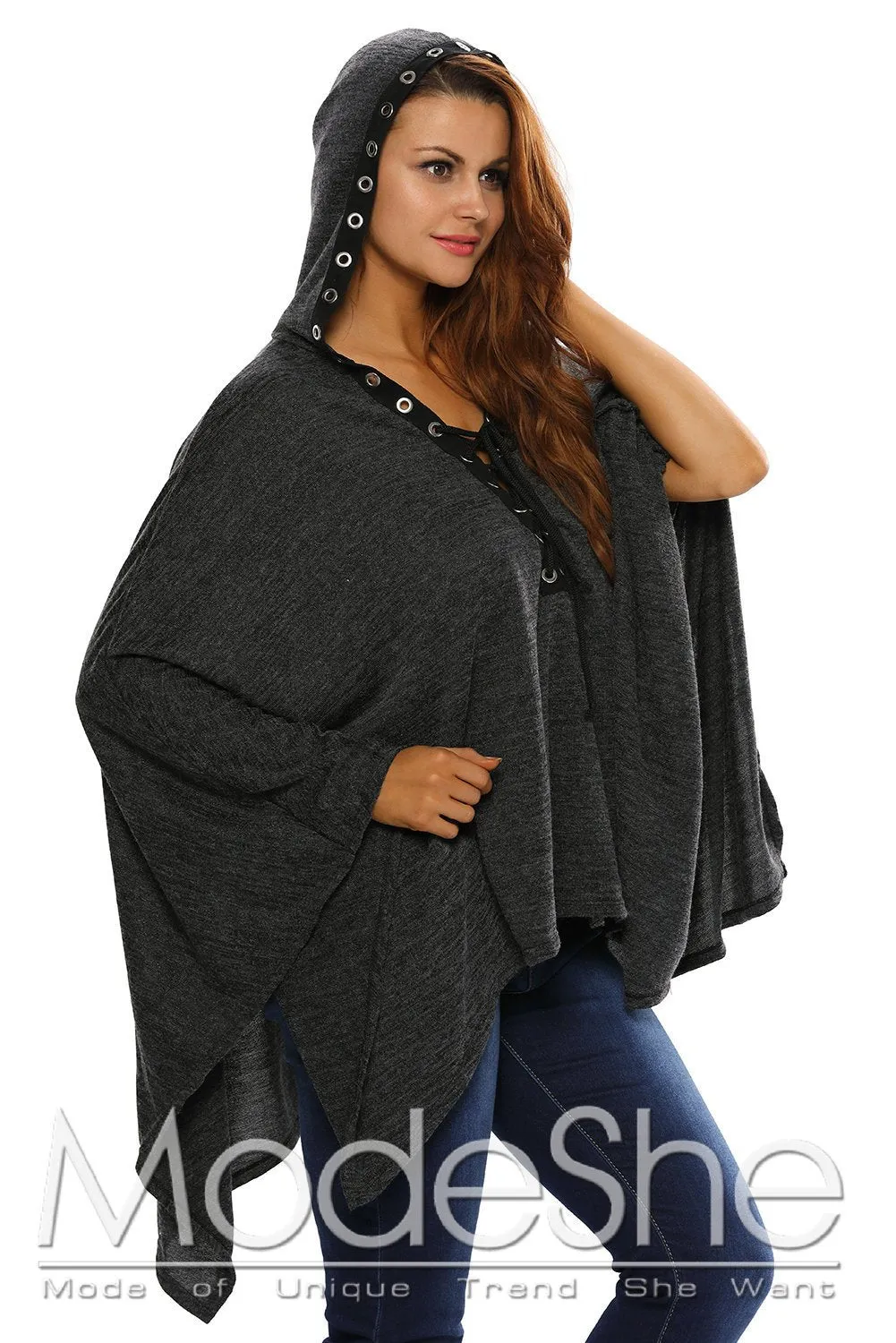 Women Black Grommet Lace-up Poncho Cape