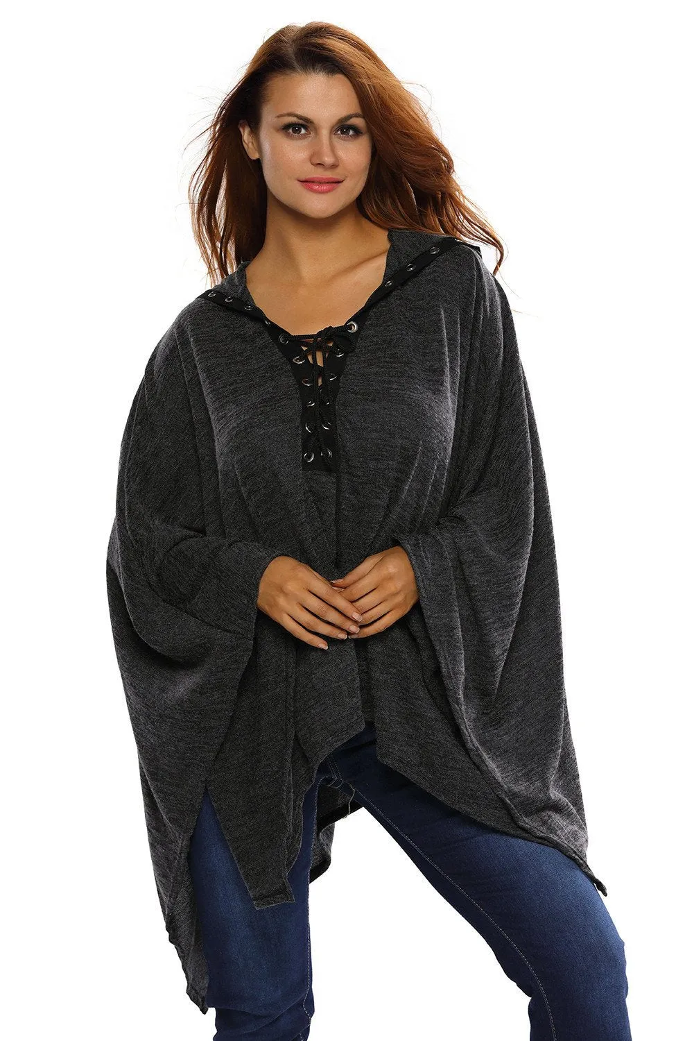 Women Black Grommet Lace-up Poncho Cape