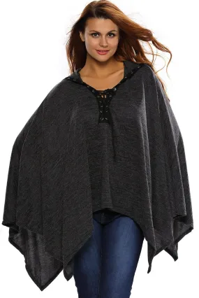 Women Black Grommet Lace-up Poncho Cape