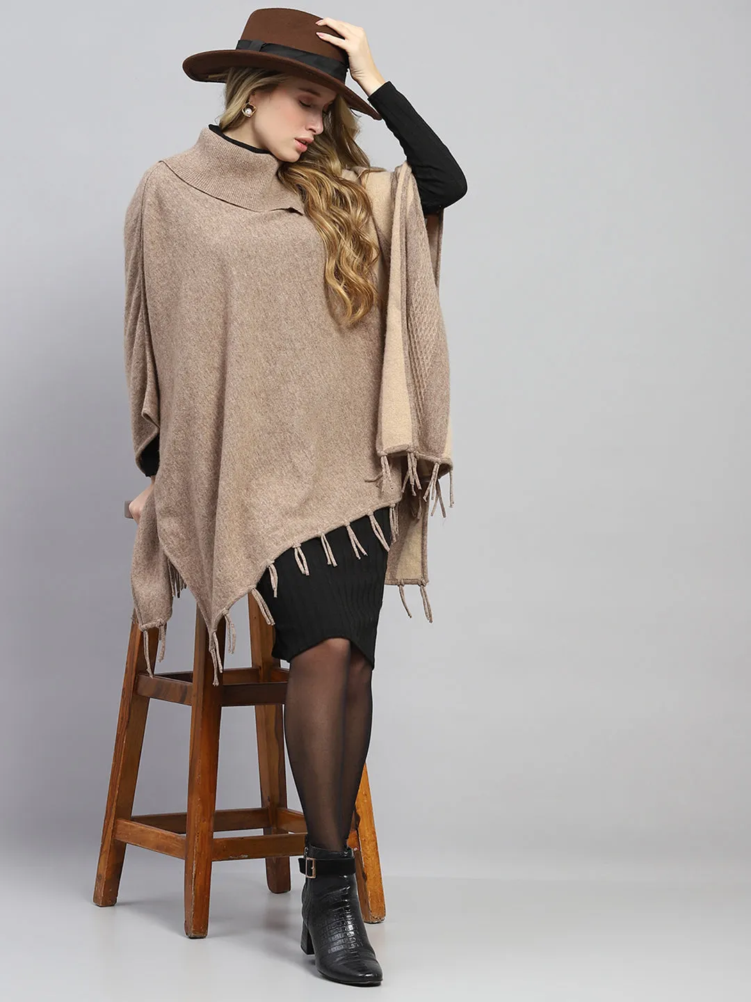 Women Khaki Solid Poncho