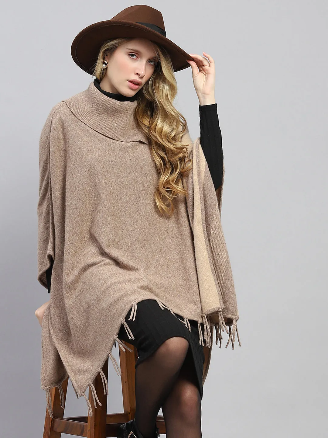 Women Khaki Solid Poncho