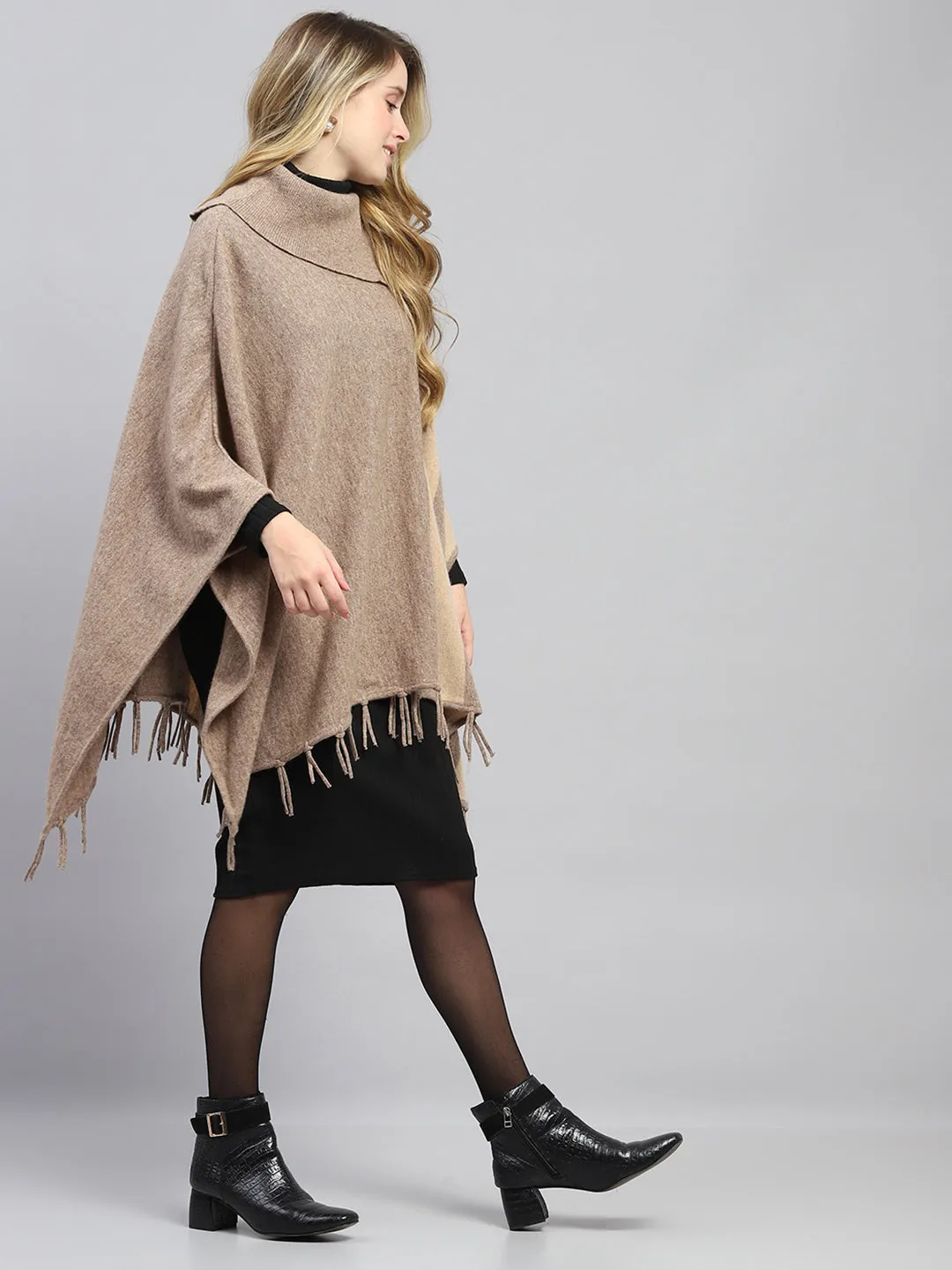 Women Khaki Solid Poncho