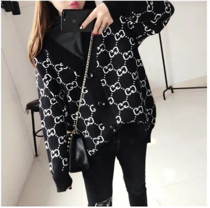 Women Sweater Luxury Brand V Neck Knitted Cardigans Sweater Pink Houndstooth Knit Long Sleeve Oversized Jumper Coats