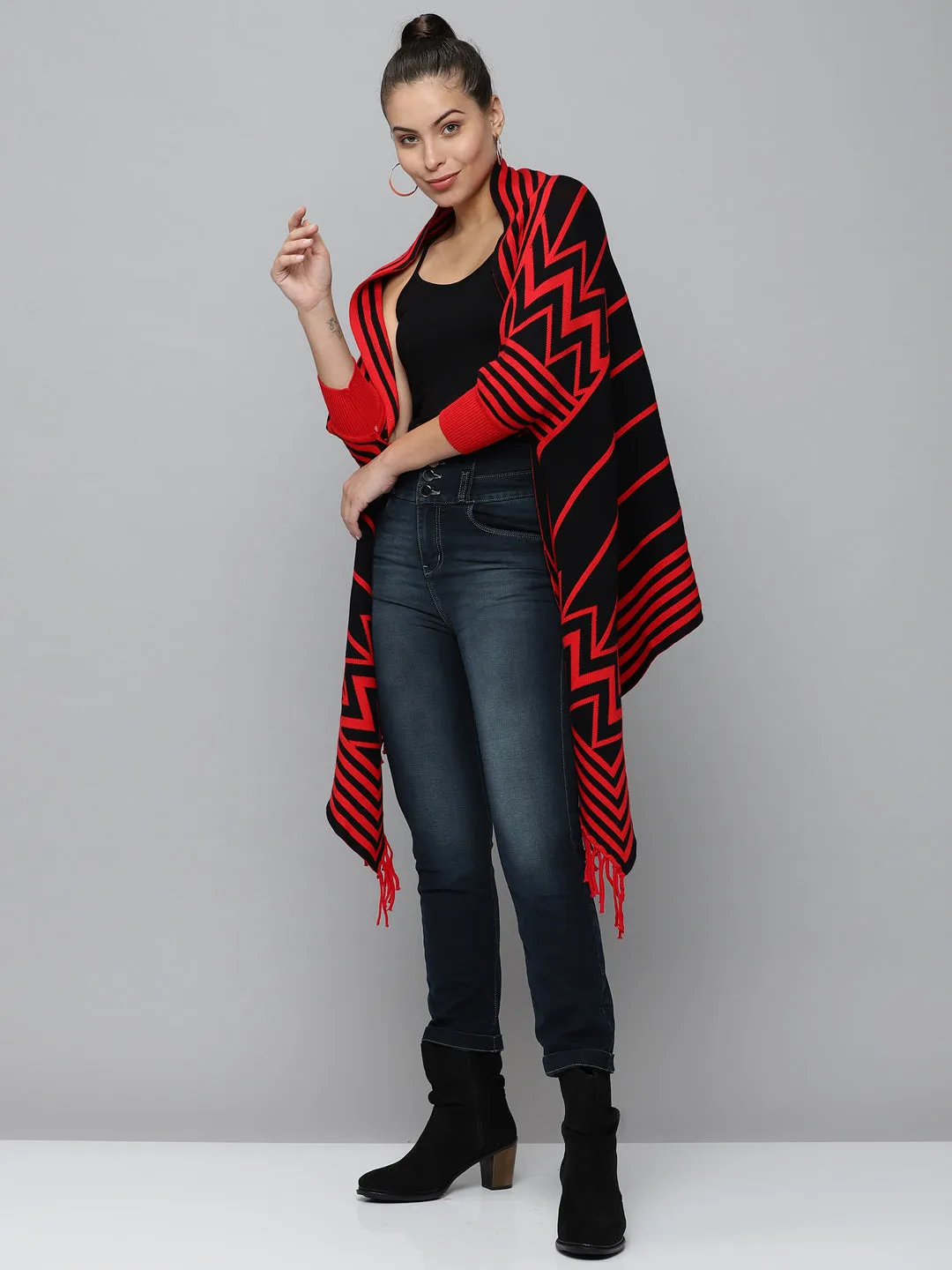 Women's Red Striped Poncho Sweater