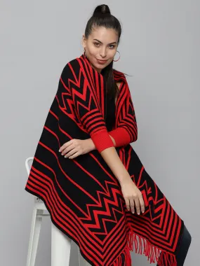 Women's Red Striped Poncho Sweater