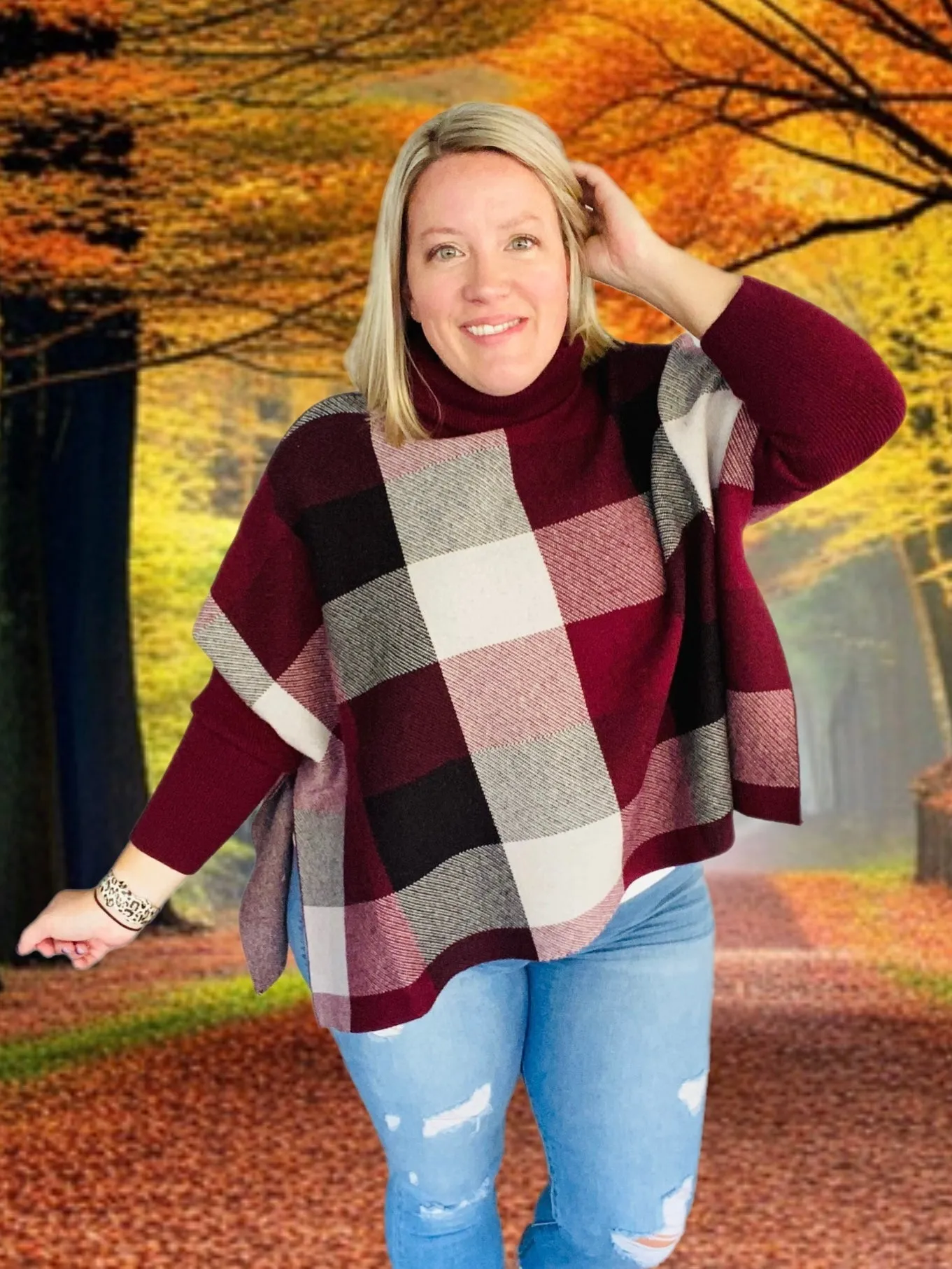 XS Plaid Poncho Sweater - Burgundy