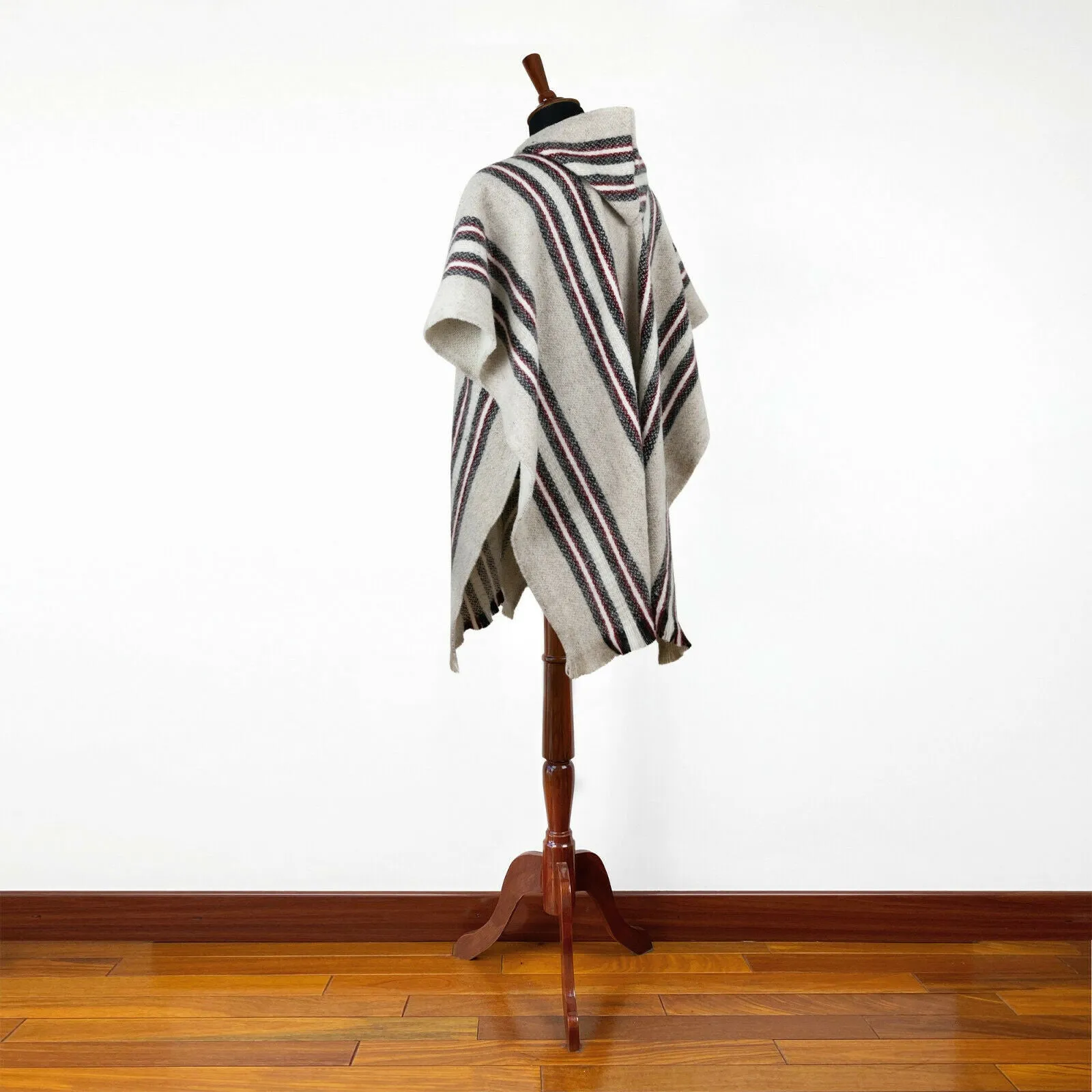 Zamora - Llama Wool Unisex South American Handwoven Poncho - beige striped pattern