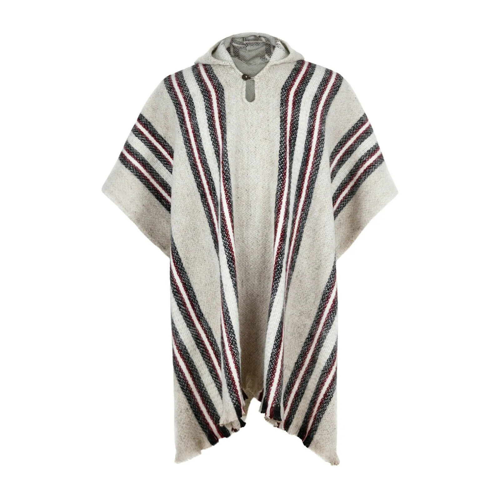 Zamora - Llama Wool Unisex South American Handwoven Poncho - beige striped pattern