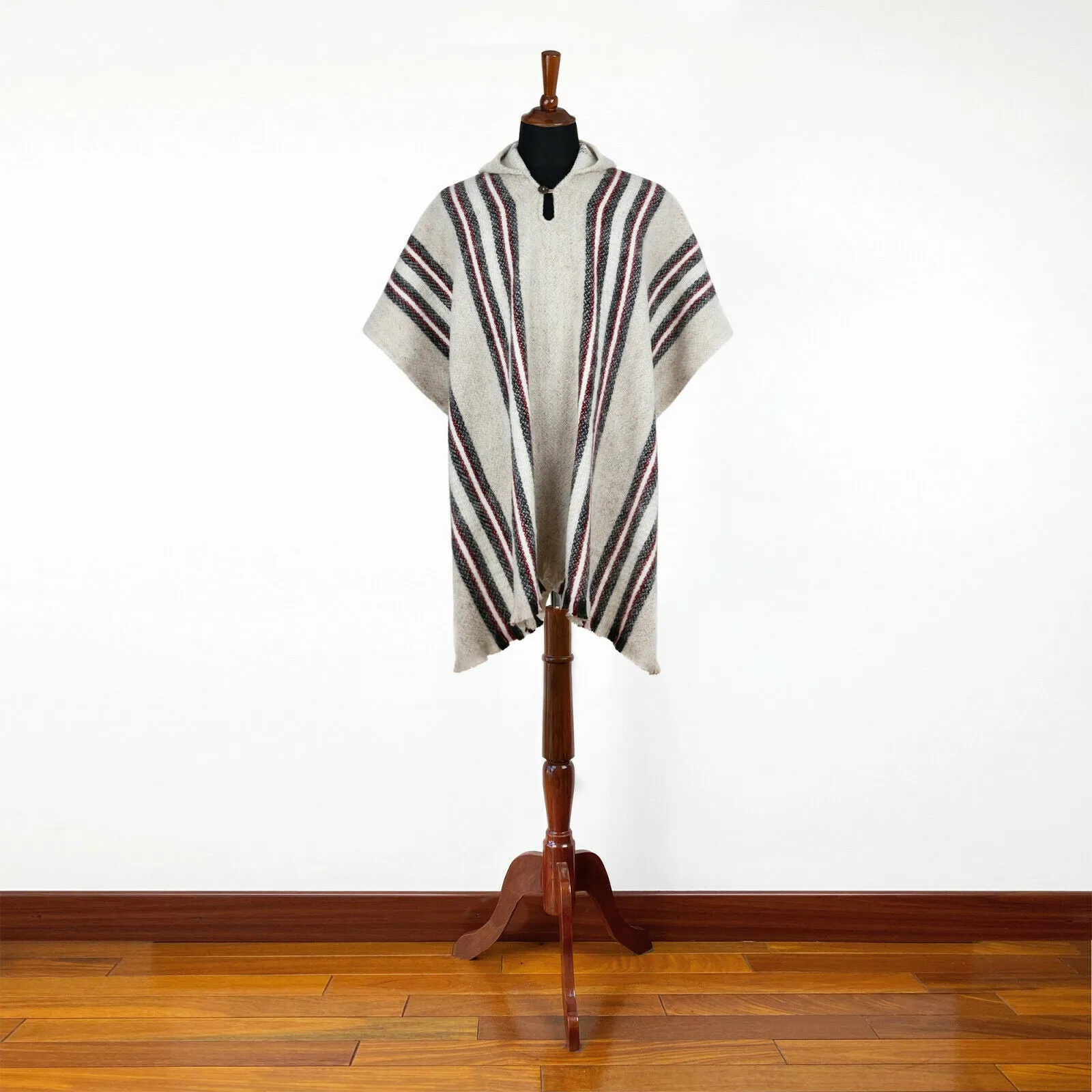 Zamora - Llama Wool Unisex South American Handwoven Poncho - beige striped pattern