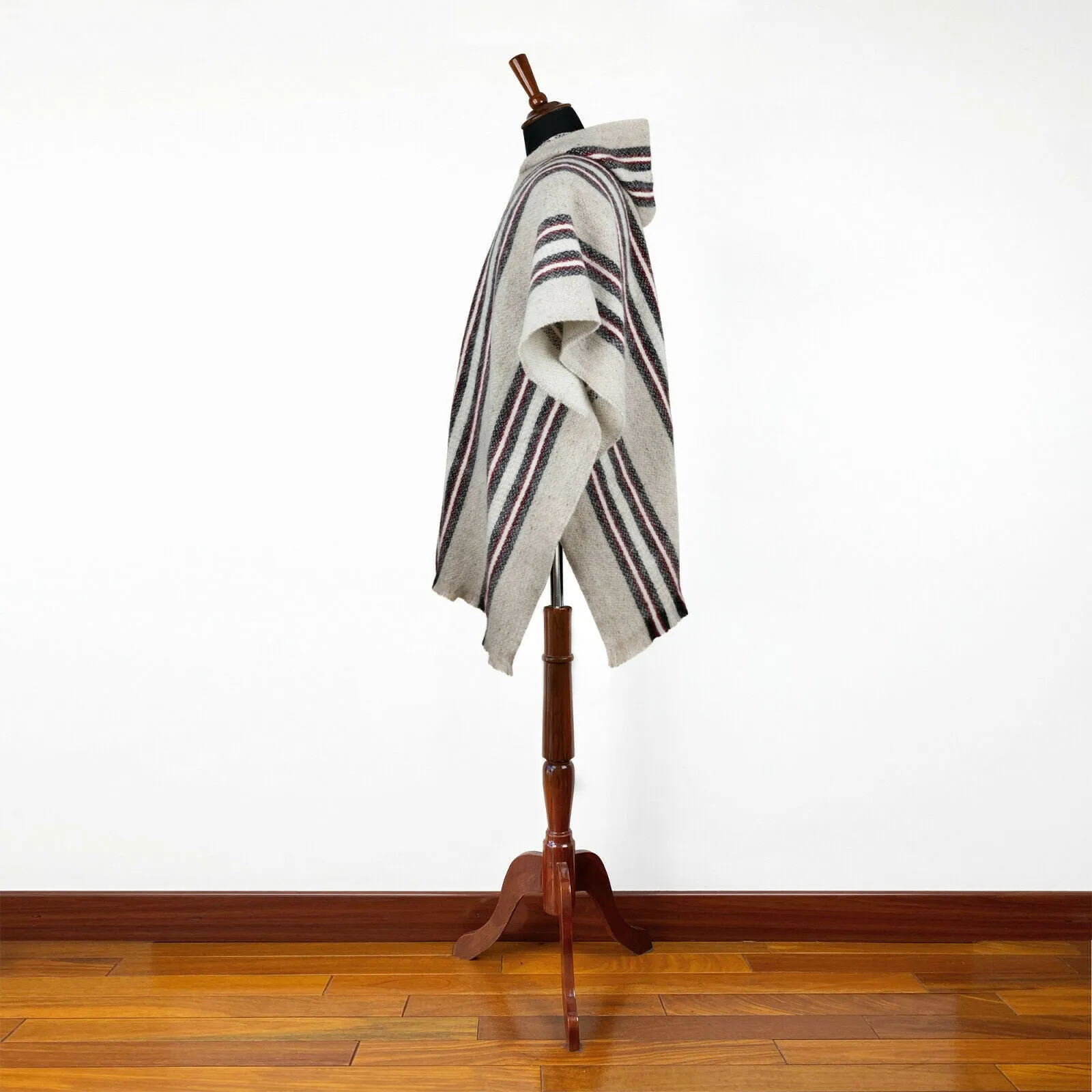 Zamora - Llama Wool Unisex South American Handwoven Poncho - beige striped pattern