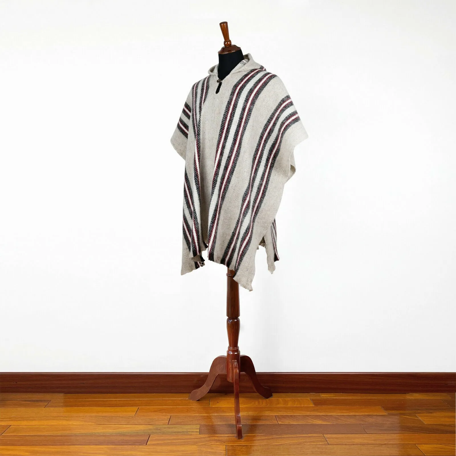 Zamora - Llama Wool Unisex South American Handwoven Poncho - beige striped pattern